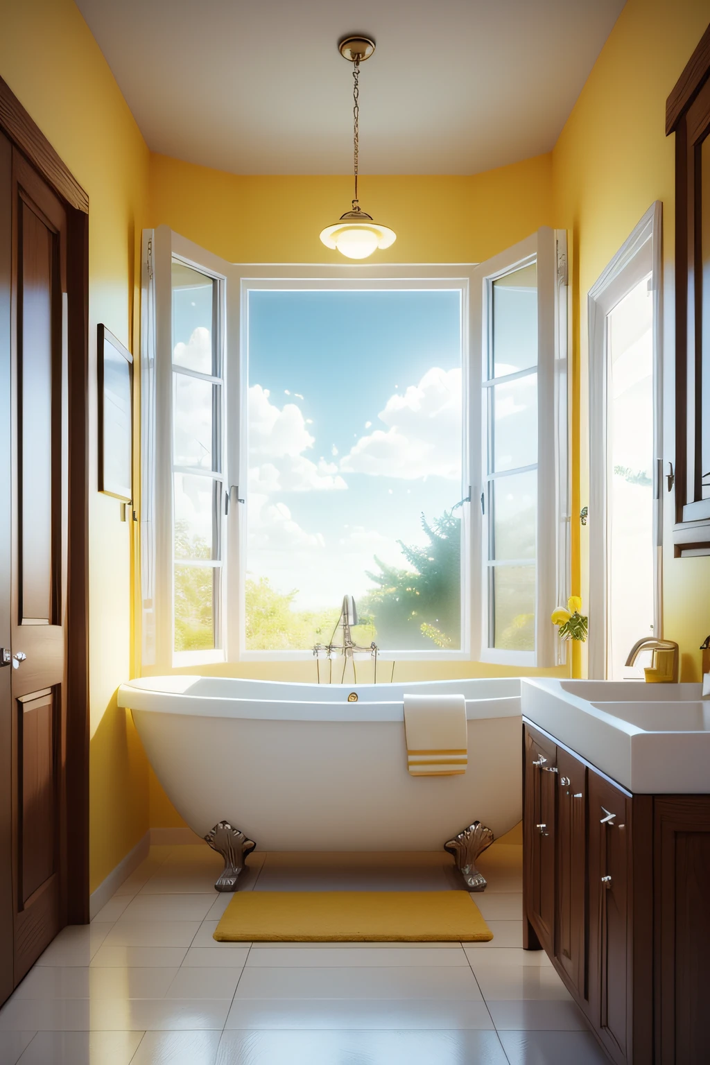 Front window through sky cute modern decoration light yellow decoration background washbasin bathroom cute decoration C4D blender 1:1 HD Ultra HD