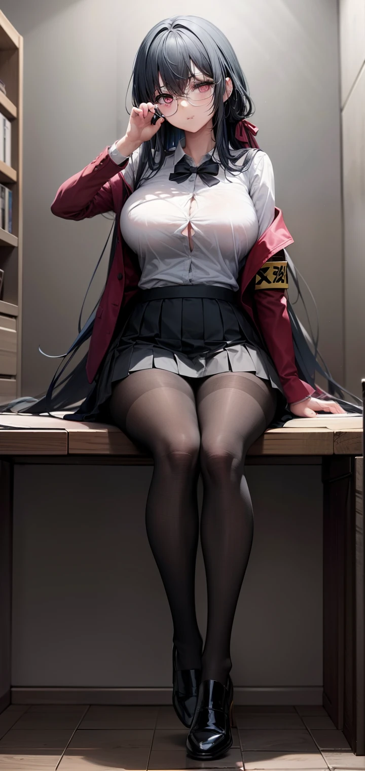 1girl,big breasts, closed breast, very long hair,open jacket,white shirt, long skirt, bedroom, pantyhose, full body, pink eyes, random pose, dynamic pose, elegance pose, sitting, side sit, foreshortening,
