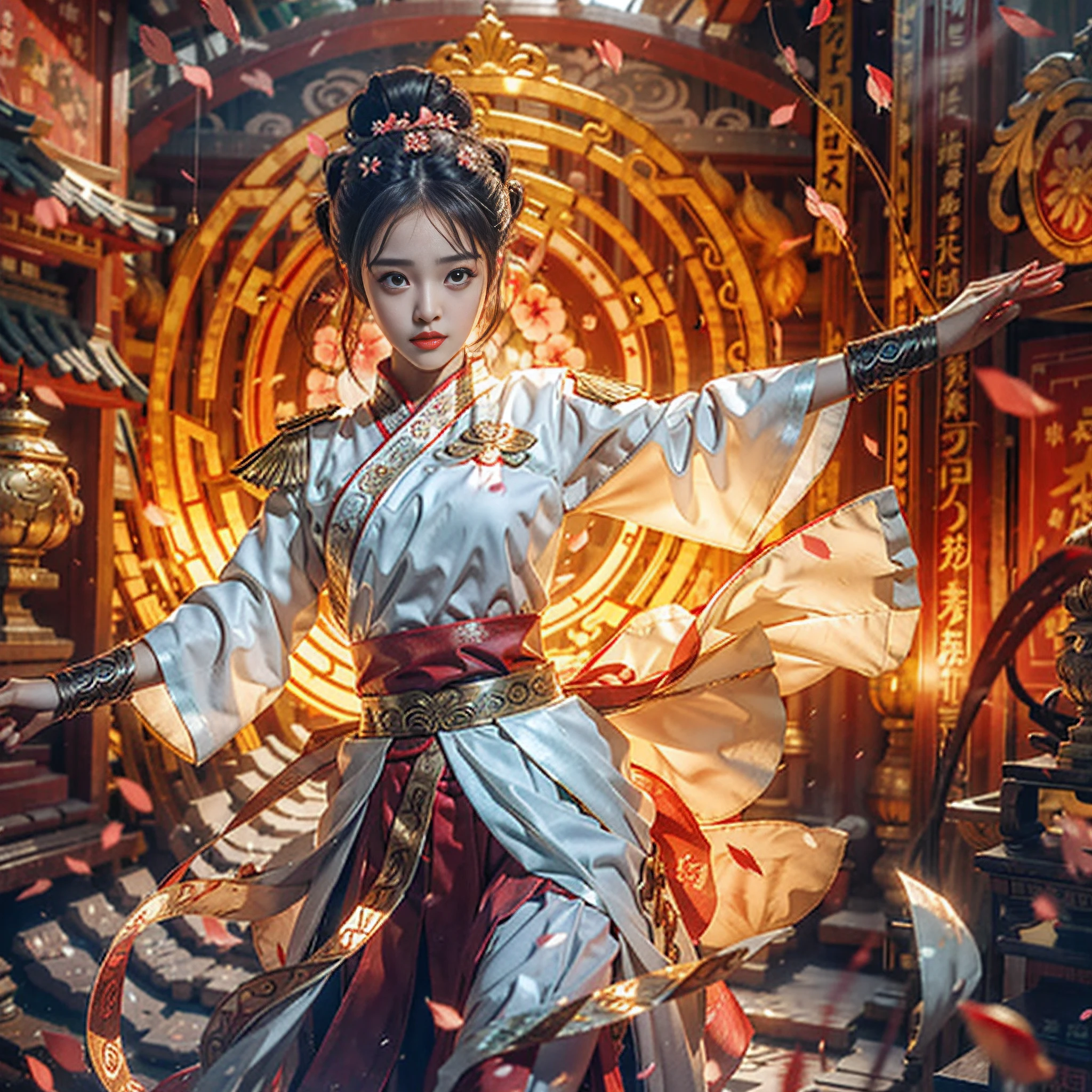 Hyper-realistic 1 antique girl,Bun Tang Han uniform Skirt Tang style hairpin Flying skirt and hair Background Pavilion Falling petals Dance