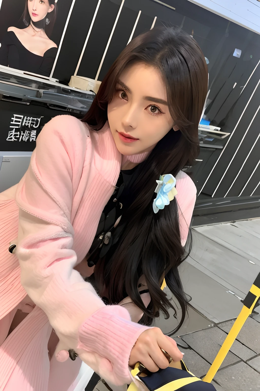 (in 8K,realisticlying,extra detailed face,poster for,动态照明,street snap,full body Esbian,tmasterpiece,optimum) Warm winter outfits。turtle neck。Soft light illuminates the street photo girl。Her long black hair was scattered over her shoulders、Reflecting her fair skin,It seems to reveal a natural blush。She is slender and、Thin eyebrows,deep eye,Exudes kindness and intelligence。In terms of makeup,She chose light makeup,Natural and feminine。Her skin looks very transparent,As if there were no flaws。Eye makeup is sophisticated and bright,She outlined bright eye sockets with pale pink eyeshadow,Next、Use thin eyeliner、Outline the contour around the pupil,Finally, Apply a thick layer of mascara,She chose stylish and simple clothes。Fashion taste and youth々vitality,Attracts the attention of countless passers-by。