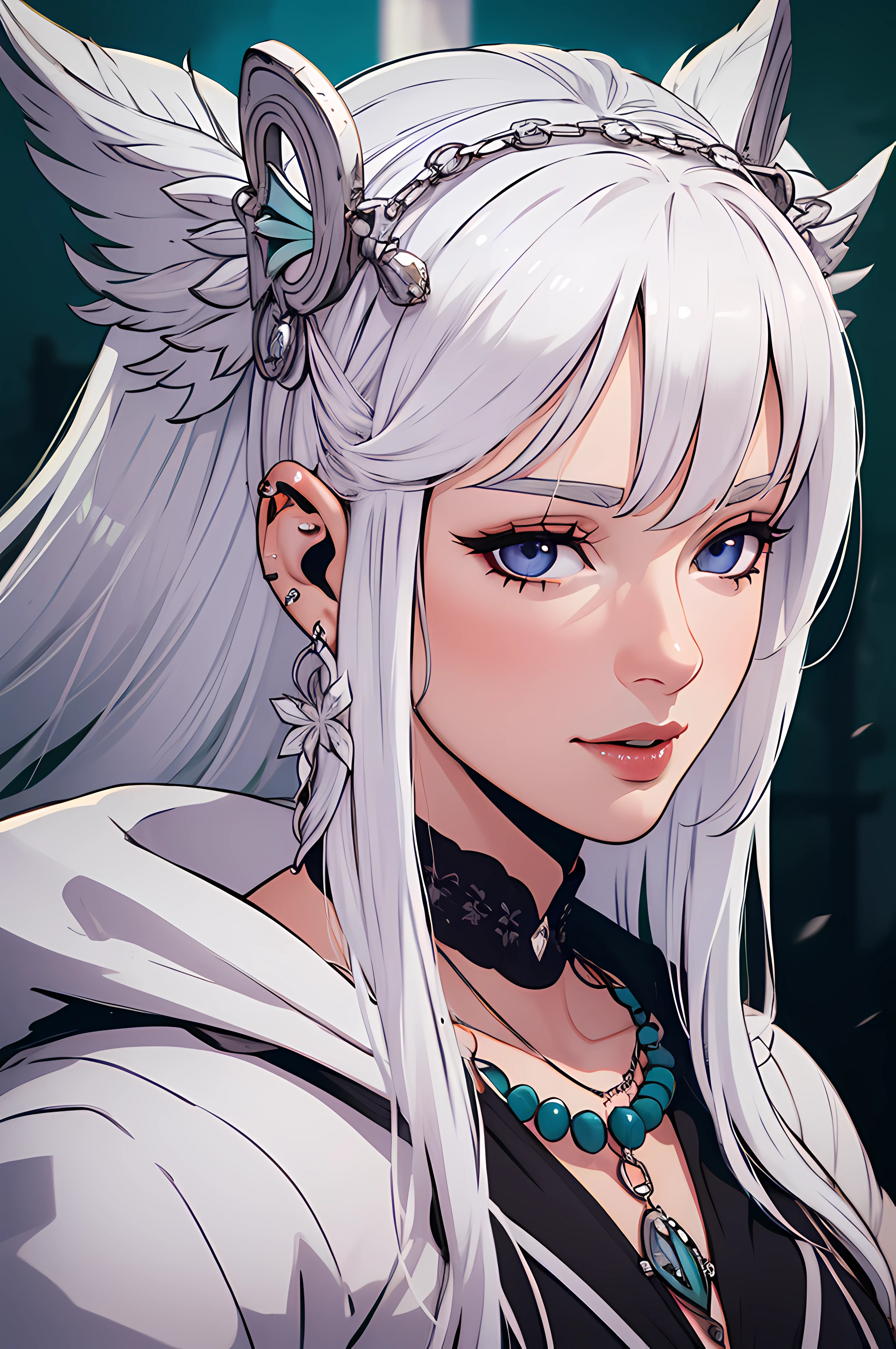 (high quality,ultra-detailed,realistic),giant,twin-tailed,silver-white hair,hooded coat,vintage gothic,posing,adorable chest,looking up,necklace,ring,jade bracelet,helix earrings