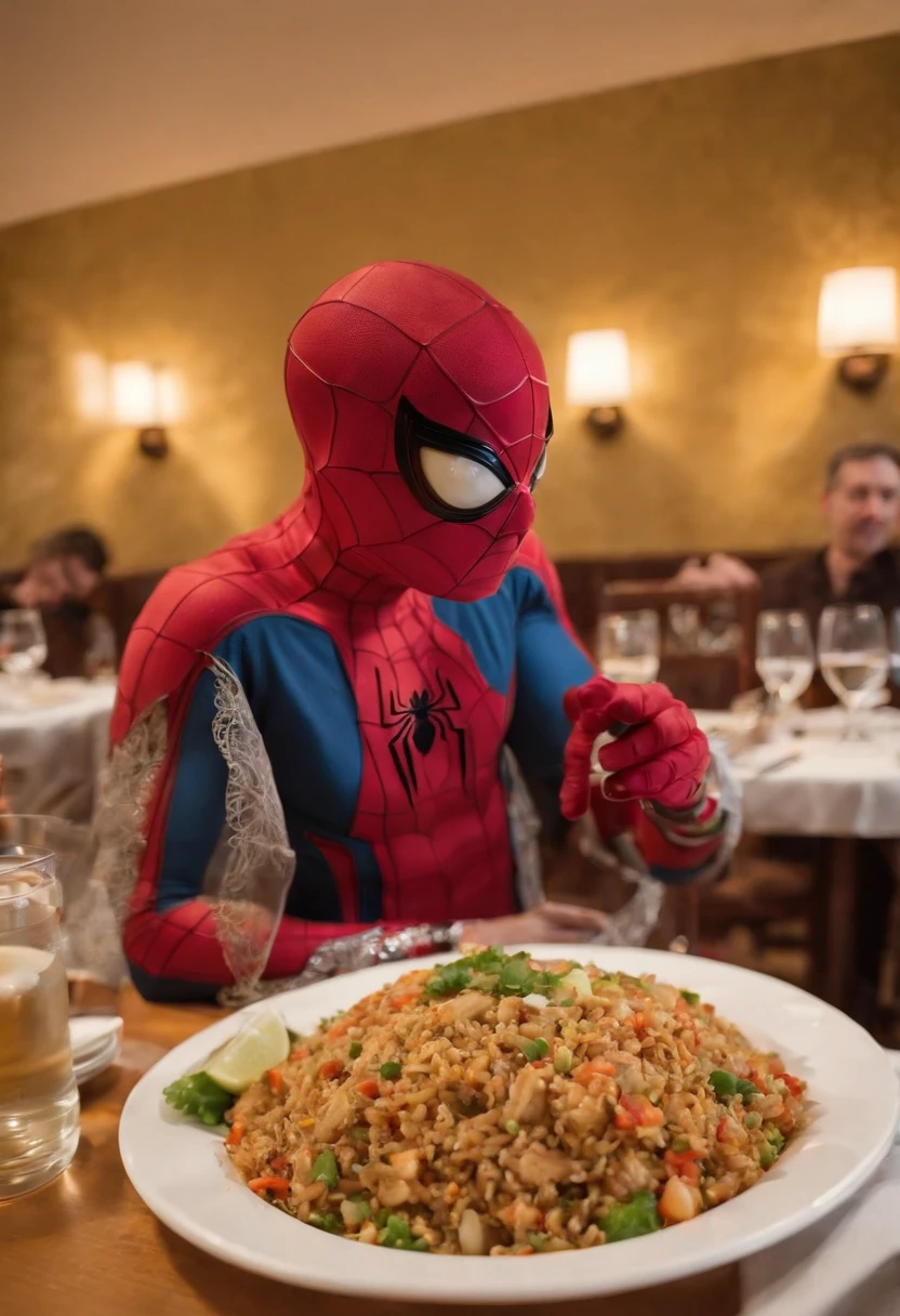 Cinematographer, ultra realista, Ropa detallada, Bellamente detallado, UHD, HDR, Altas Resoluciones, ultra detallado, Detalles intrincados, Efectos texturales, absurdos, obra maestra, 8k:1.2. En esta imagen, vemos a Spider-Man en un inusual descanso de sus actividades heroicas. He's standing in a chic Asian restaurant in his iconic costume.......................... Spider-Man holds a bowl of Chinese fried rice mixed with oriental stir-fried noodles in his hands skillfully.., usando unos elegantes palillos chinos para llevar un bocado a su boca. The plate is full of fried rice, salteado. The restaurant is decorated with traditional Chinese elements, como linternas rojas colgando del techo y dragones dorados esculpidos en las paredes. The dim light of the lanterns creates a warm and welcoming atmosphere in the place.