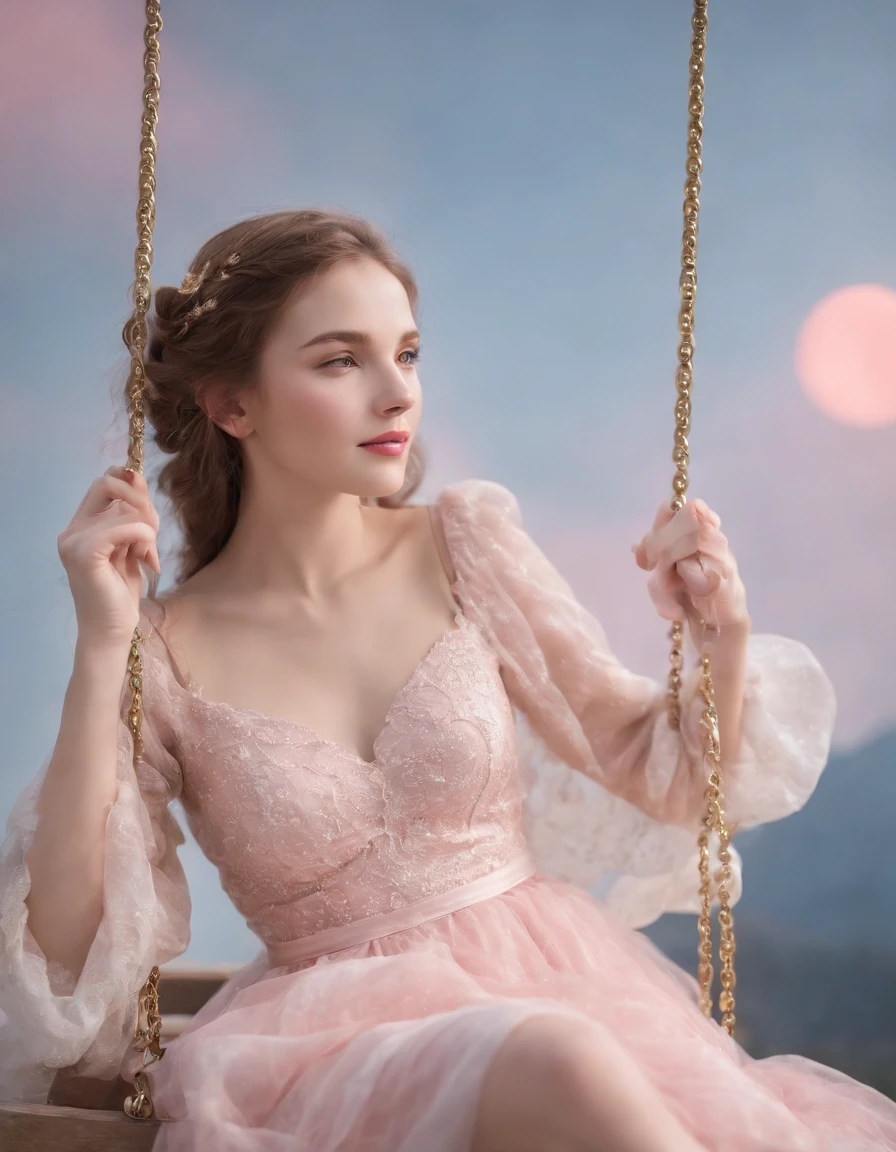 Stars in the blue sky, moon on the clouds, pink and gold style, dreamy symbolism, flickr, animated GIF, drawing dream, installation based, light silver and gold, an angelic girl sitting on a swing and smiling, beautiful, mysterious,(upper body)