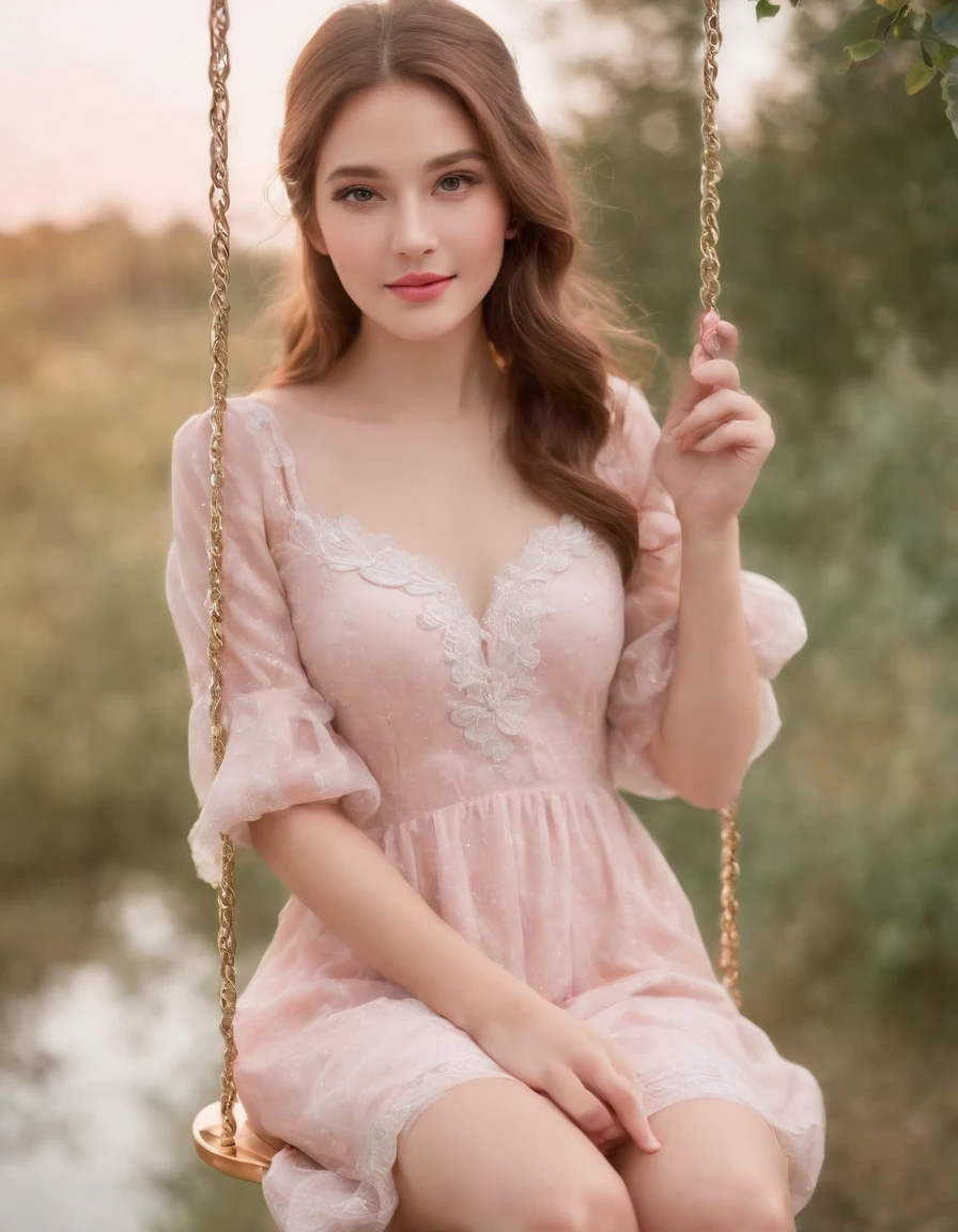 Stars in the blue sky, moon on the clouds, pink and gold style, dreamy symbolism, flickr, animated GIF, drawing dream, installation based, light silver and gold, an angelic girl sitting on a swing and smiling, beautiful, mysterious,(upper body)
