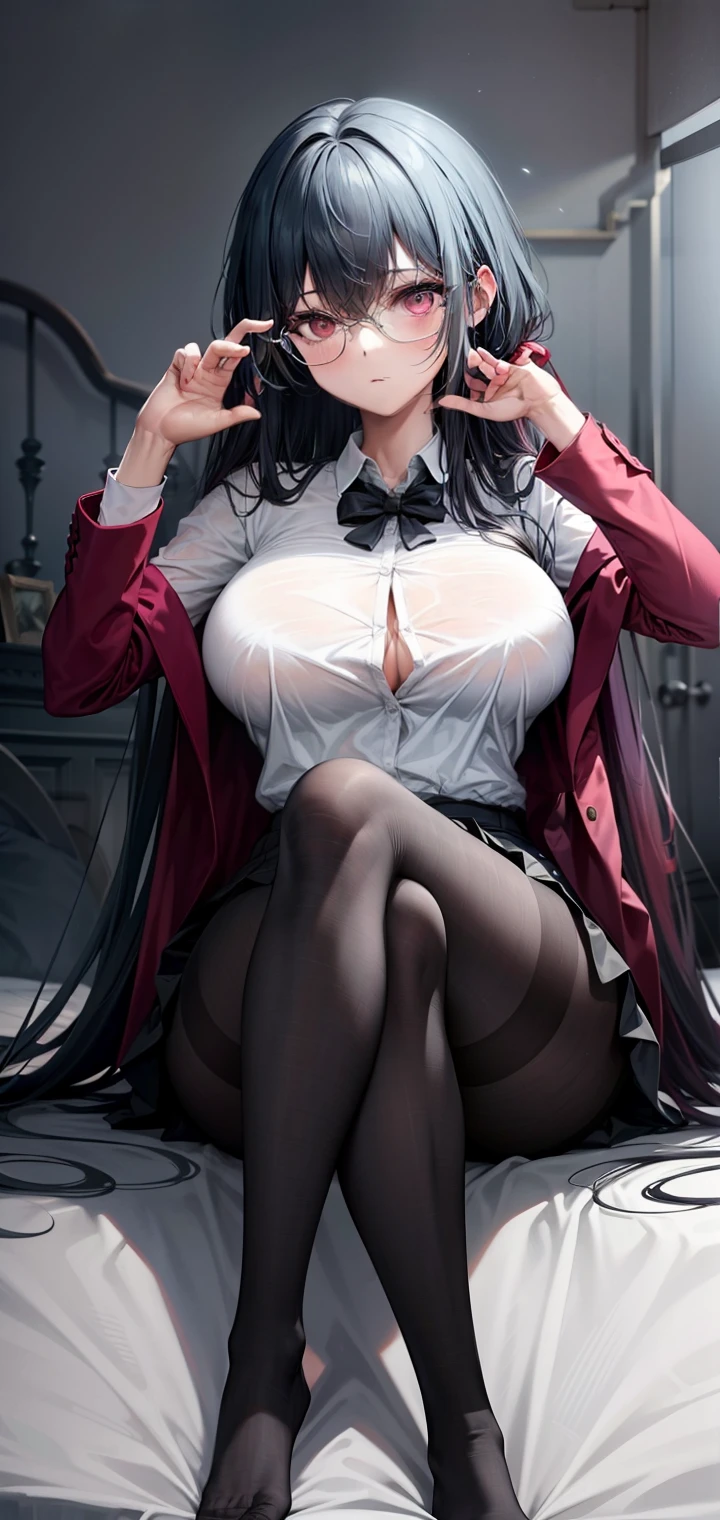 1girl,big breasts, closed breast, very long hair,open jacket,white shirt, long skirt, bedroom, pantyhose, full body, pink eyes, random pose, dynamic pose, elegance pose, sitting, crossed legs, psycho eyes, foreshortening,