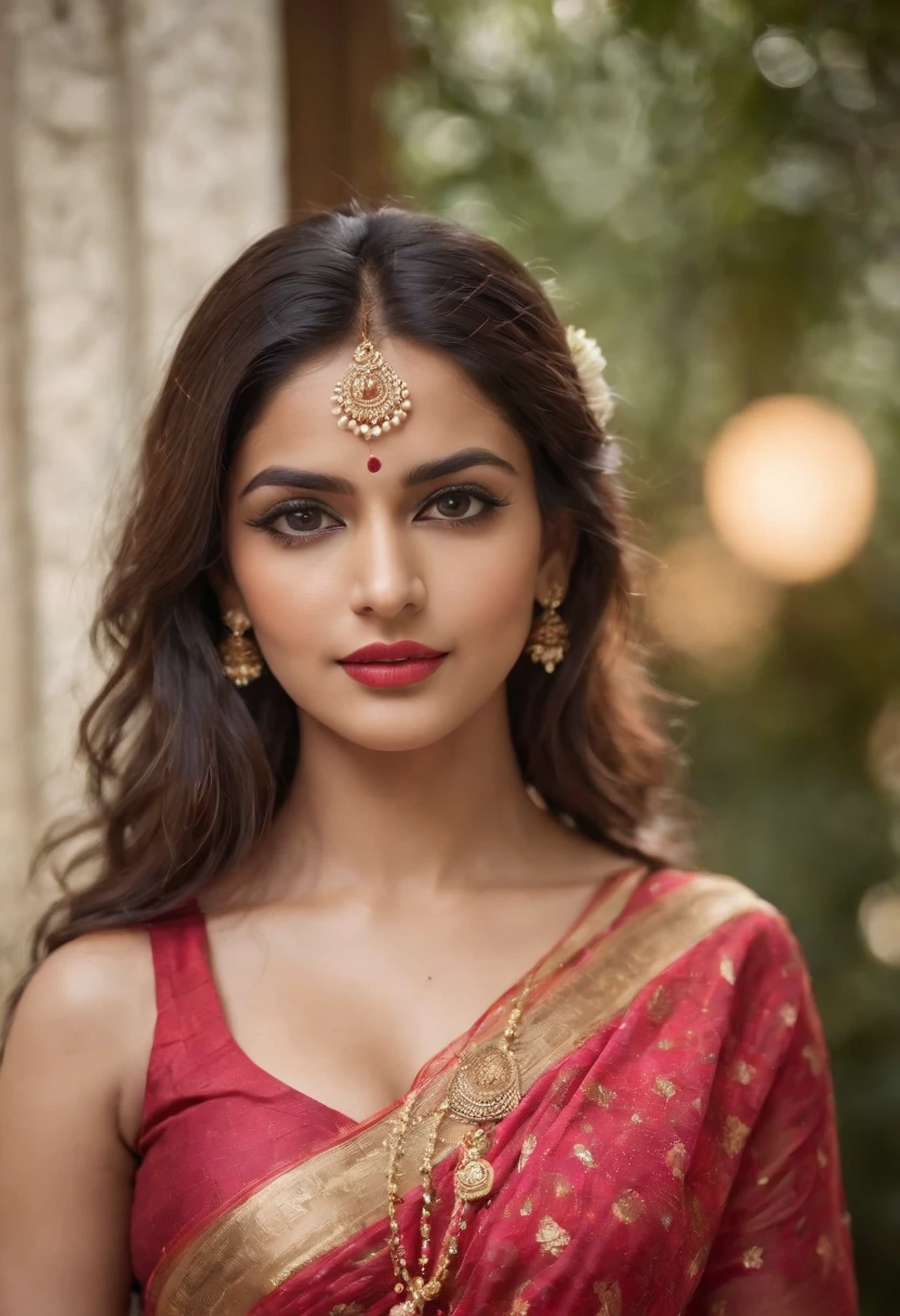 a woman in a sari posing for a picture, indian goddess, traditional beauty, indian, beautiful goddess, ornate cosplay, indian style, indian super model, beautiful maiden, gorgeous woman, south east asian with long, provocative indian, gorgeous beautiful woman, intricate outfit, hindu aesthetic, beautiful asian girl, extremely detailed goddess shot, jaw-dropping beauty, big boobs deep cleavage sexy navel