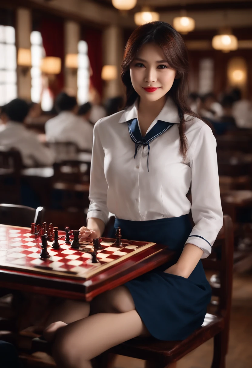 Sitting and playing mahjong,((japanese beautiful woman:1.3)) ((School uniforms:1.4)) ((Panty shots:1.5)) ,((dark-blue skirt:1.3)) ((In the chess room)) ((Thin_Fabric:1.4)) ((Random sexy pose:1.3)) ((Sweaty:1.5))((Be red in the face:1.4)) ((Big breasts:1.4)) ((Close-up:1.2)) Best quality,Masterpiece,超高分辨率,(Photorealistic:1.4),RAW photo,(Authentic skin texture:1.3),(filmgrain:1.3),in a panoramic view,Character portrait,very wide wide shot,Narrow waist,Cowboy shot,(In the dark, deepshadow, low tune, Cold light,) Night,(()),streaming tears,,Dust,Tyndall effect,(expression),1girll,Beautiful detailed eyes and face,White jabot,Brown eyes,((Brown hair:1.2)) ((full bodyesbian:1.3)) ((Smile:1.3)),The background has mahjong elements