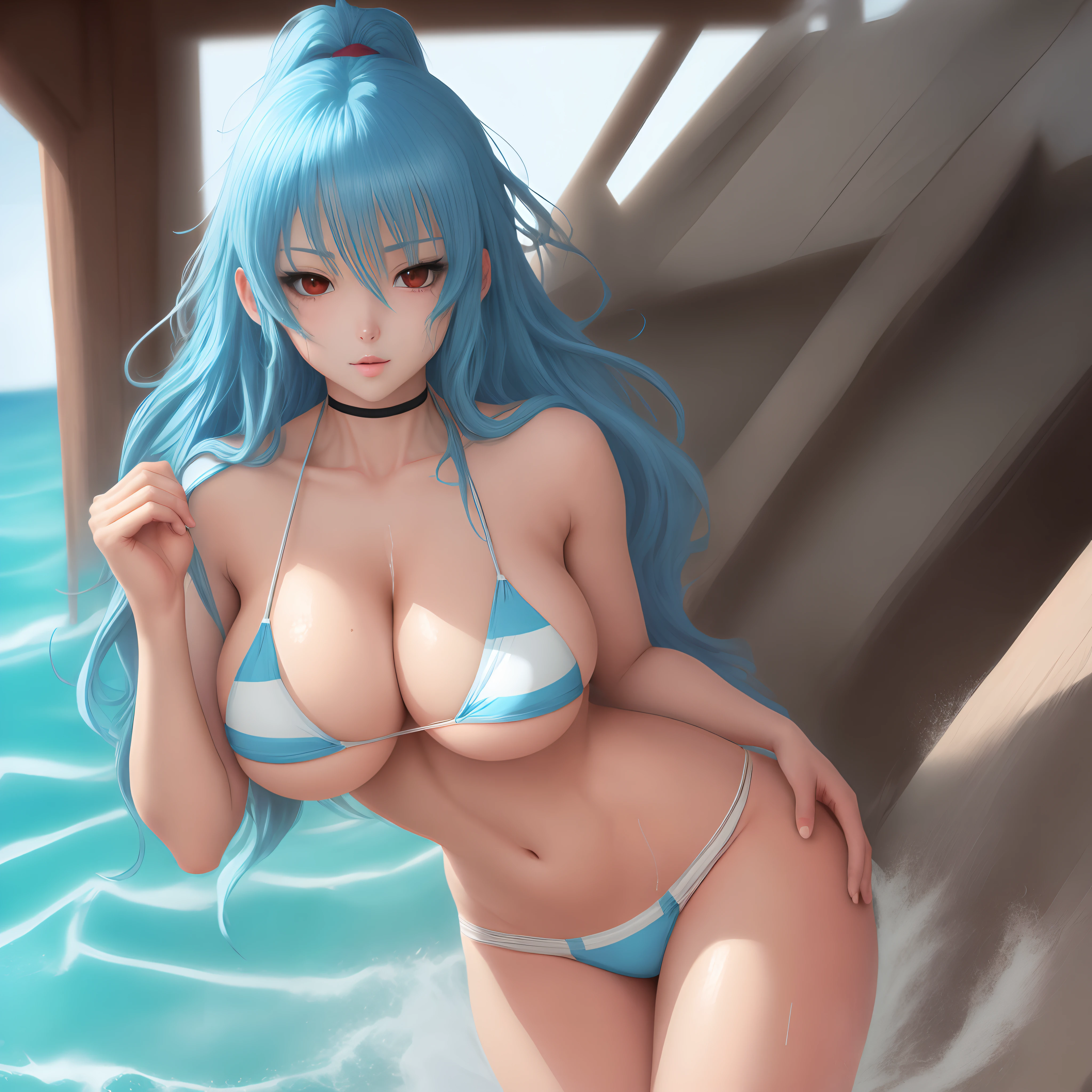 Sexy Anime girl, long wavey blue hair, medium thighs, huge breast, body oily, in hot bikini.