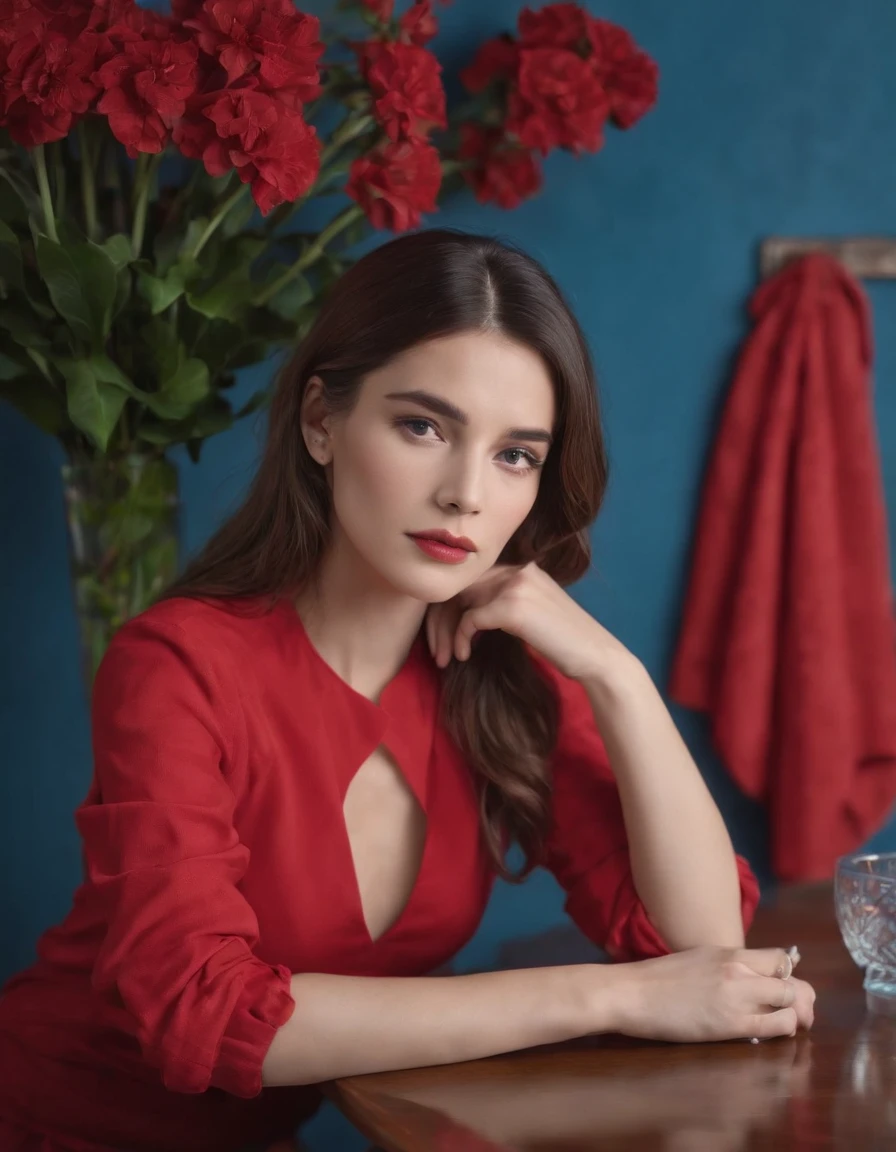 woman with hairstyle and red clothes from the 80s, leaning on a table with a pensive attitude, side lighting, blue wall, vase with flowers on the table, medium shot, high quality photo