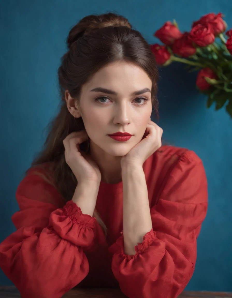 woman with hairstyle and red clothes from the 80s, leaning on a table with a pensive attitude, side lighting, blue wall, vase with flowers on the table, medium shot, high quality photo