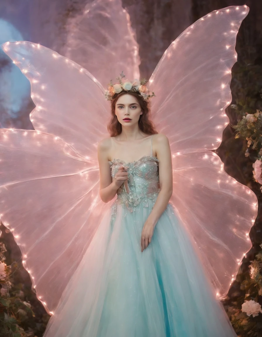 color photo of a mysterious flower fairy with transparent colorful wings, sitting in a divine light, with neon lights, holding a magic wand,axial symmetry, and a magnificent background.silver dress, high heels, flower crown, starry sky background, serene and enigmatic expression, Nikon Z7 II camera, Fujifilm Velvia 50 film, 50mm lens, high saturation, Tim Walker, David LaChapelle, Sofia Coppola, Valentino, Alexander McQueen,((close-up))