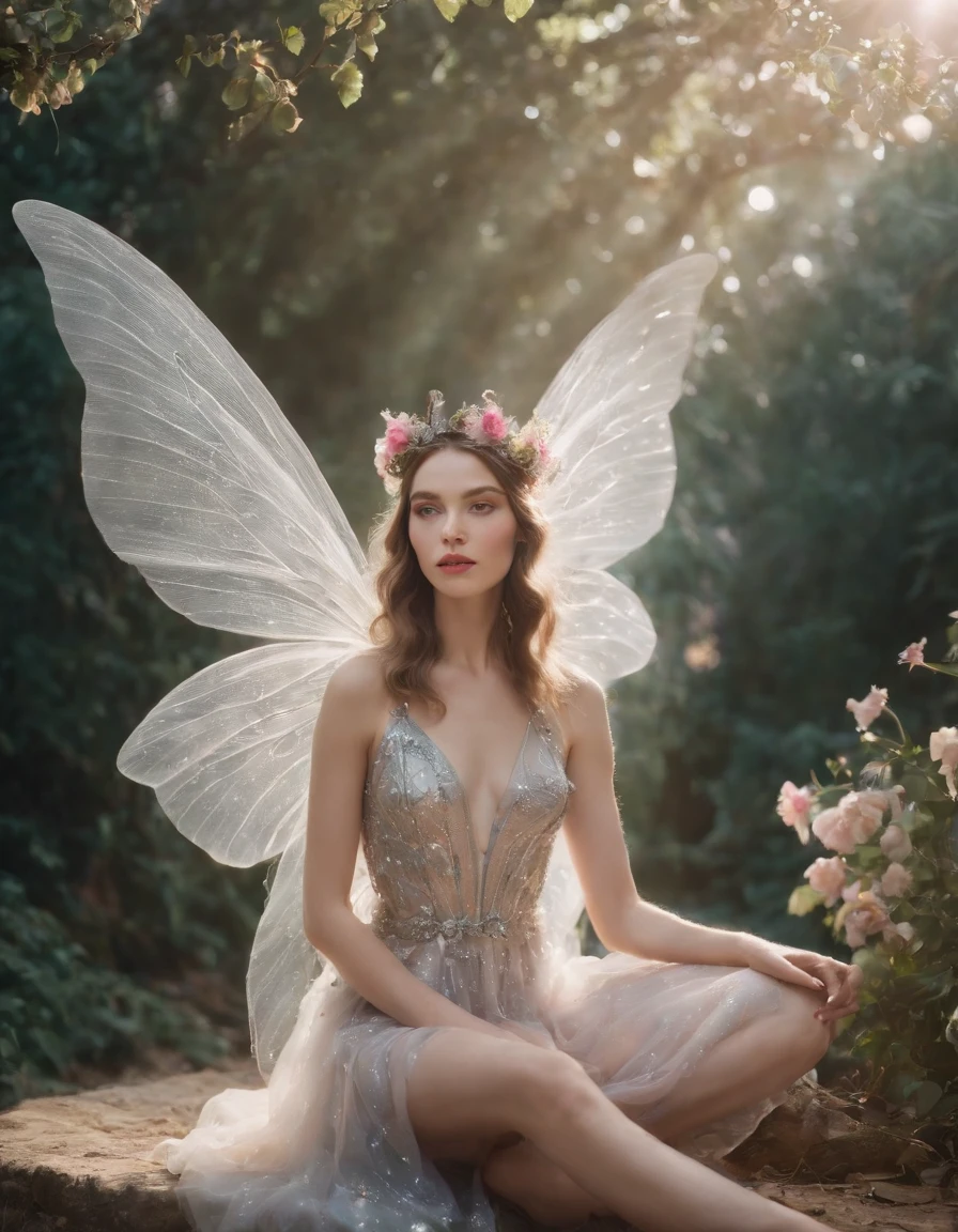 color photo of a mysterious flower fairy with transparent colorful wings, sitting in a divine light, with neon lights, holding a magic wand,axial symmetry, and a magnificent background.silver dress, high heels, flower crown, starry sky background, serene and enigmatic expression, Nikon Z7 II camera, Fujifilm Velvia 50 film, 50mm lens, high saturation, Tim Walker, David LaChapelle, Sofia Coppola, Valentino, Alexander McQueen