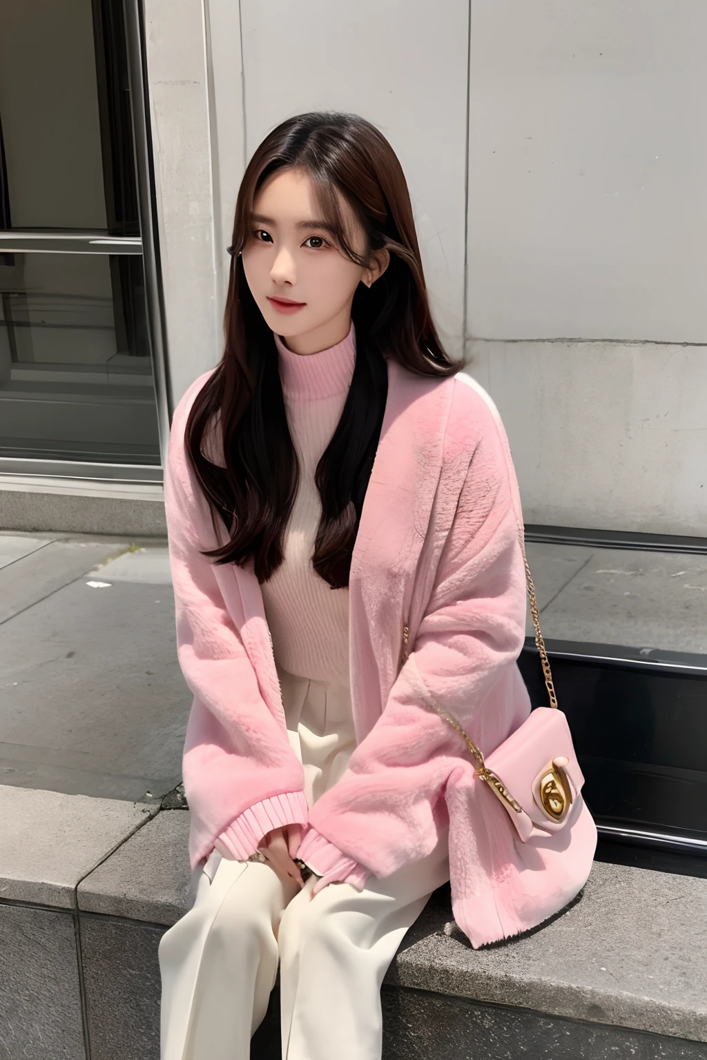 (in 8K,realisticlying,extra detailed face,poster for,动态照明,street snap,full body Esbian,tmasterpiece,optimum) Warm winter outfits。turtle neck。Soft light illuminates the street photo girl。Her long black hair was scattered over her shoulders、Reflecting her fair skin,It seems to reveal a natural blush。She is slender and、Thin eyebrows,deep eye,Exudes kindness and intelligence。In terms of makeup,She chose light makeup,Natural and feminine。Her skin looks very transparent,As if there were no flaws。Eye makeup is sophisticated and bright,She outlined bright eye sockets with pale pink eyeshadow,Next、Use thin eyeliner、Outline the contour around the pupil,Finally, Apply a thick layer of mascara,She chose stylish and simple clothes。Fashion taste and youth々vitality,Attracts the attention of countless passers-by。