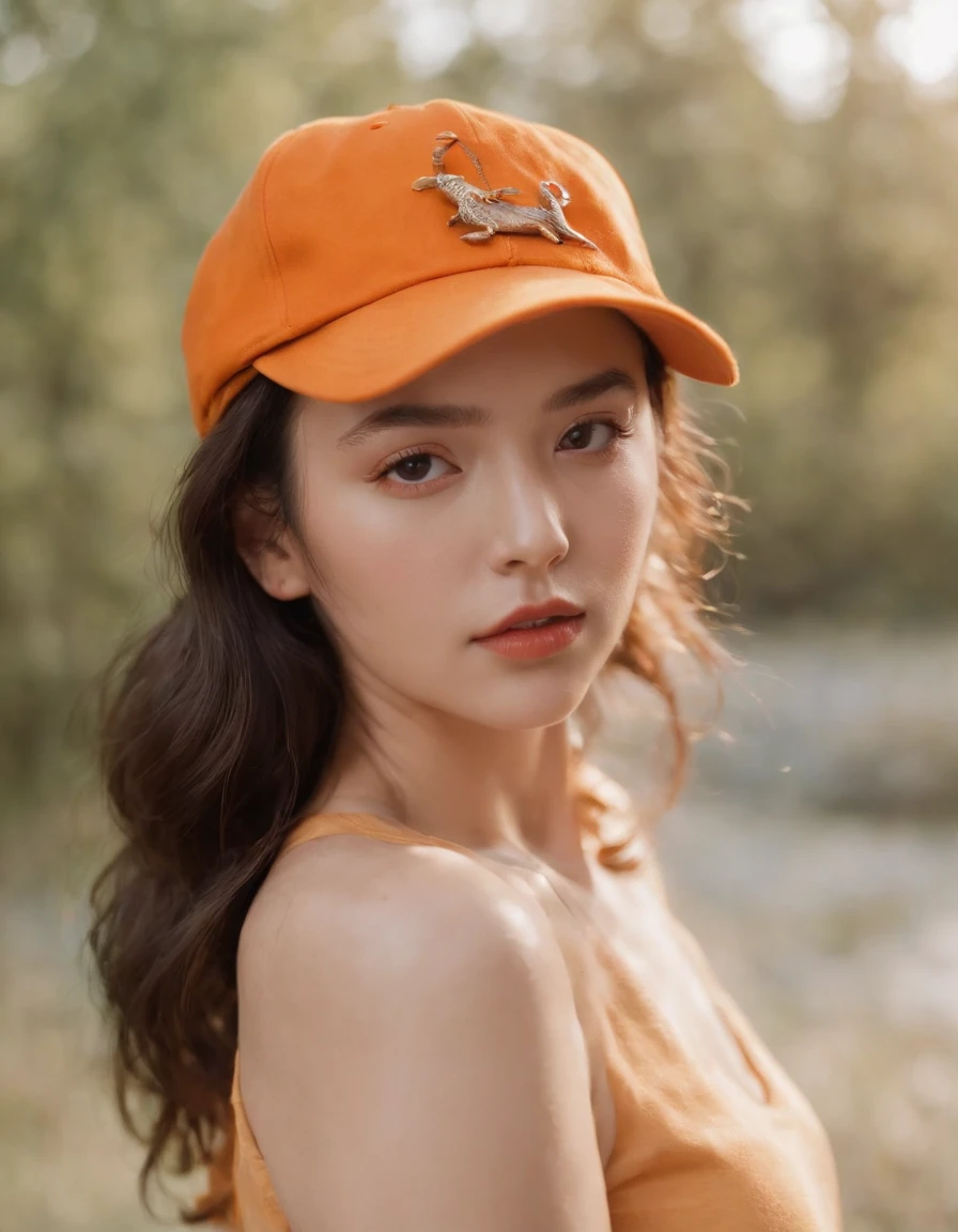 a young woman wearing orange baseball cap ,in the style of ren hang, whimsical and playful scenes, honeycore, eye-catching resin jewelry, yellow and bronze