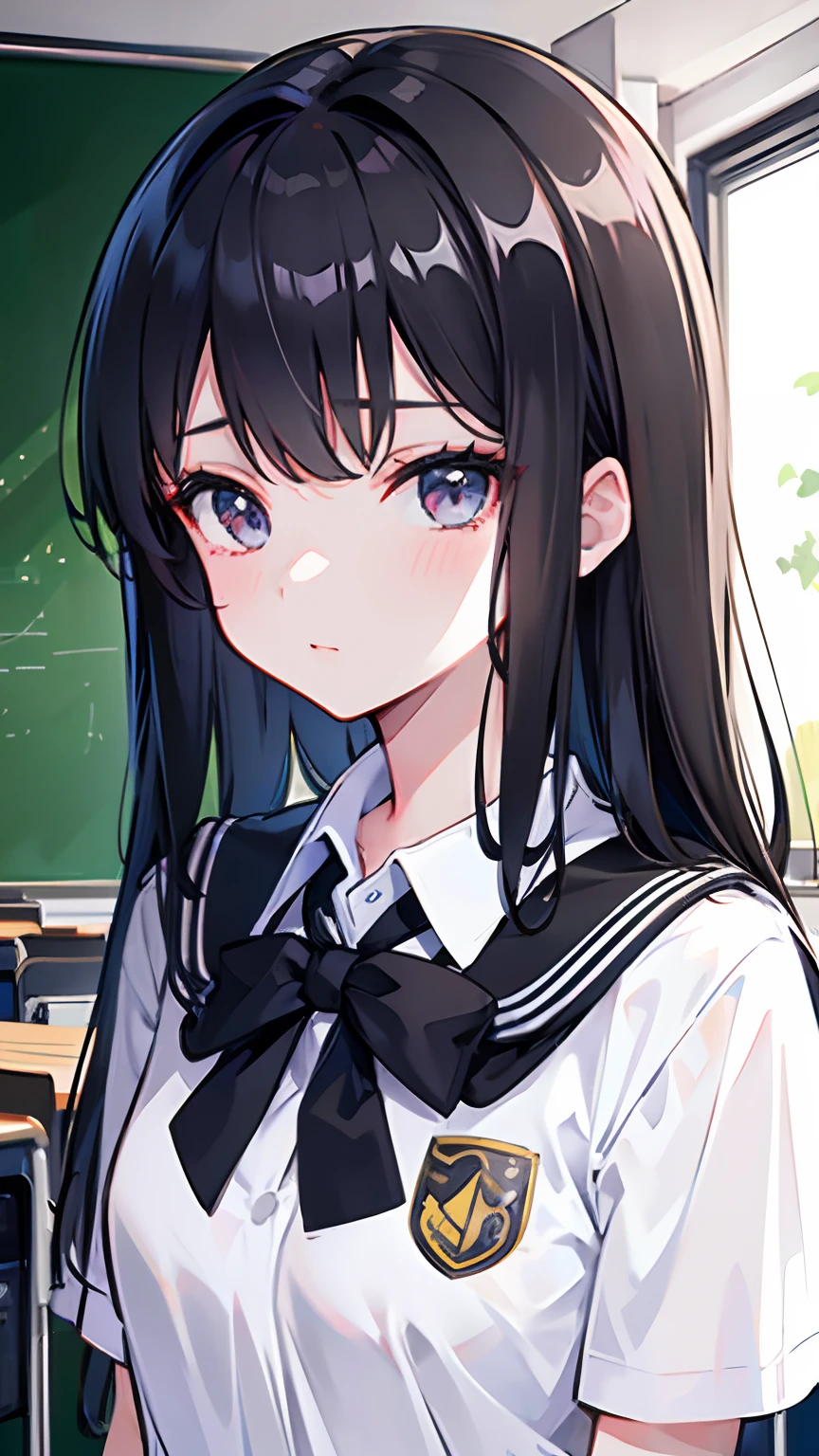 (masuter piece,Best Quality,Ultra-detailed), (A detailed face),portlate, hight resolution, 1girl in, A dark-haired,Blouse,School uniform,flat-chest, (Classroom scene),(student clothes),florals