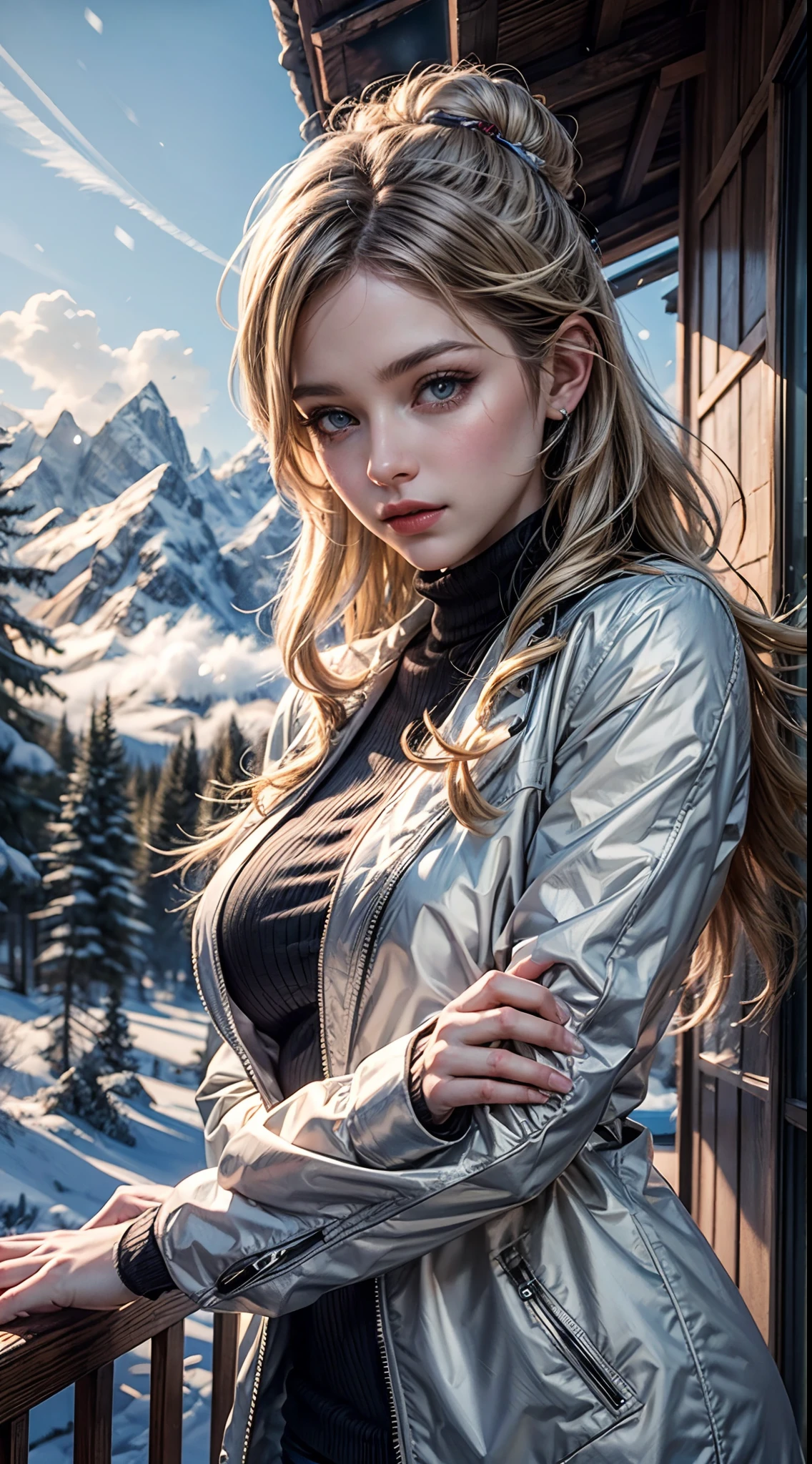 Snow Mountain, snowflakes, frozen waterfall, 1 girl playing with fluffy cute wolfs, beautiful weather, snow smoke, winds, 8K Masterpiece collection award winning artwork, AMD fidelityFX super resolution 3 rendered, ray tracing, UHD, detailed portrait.