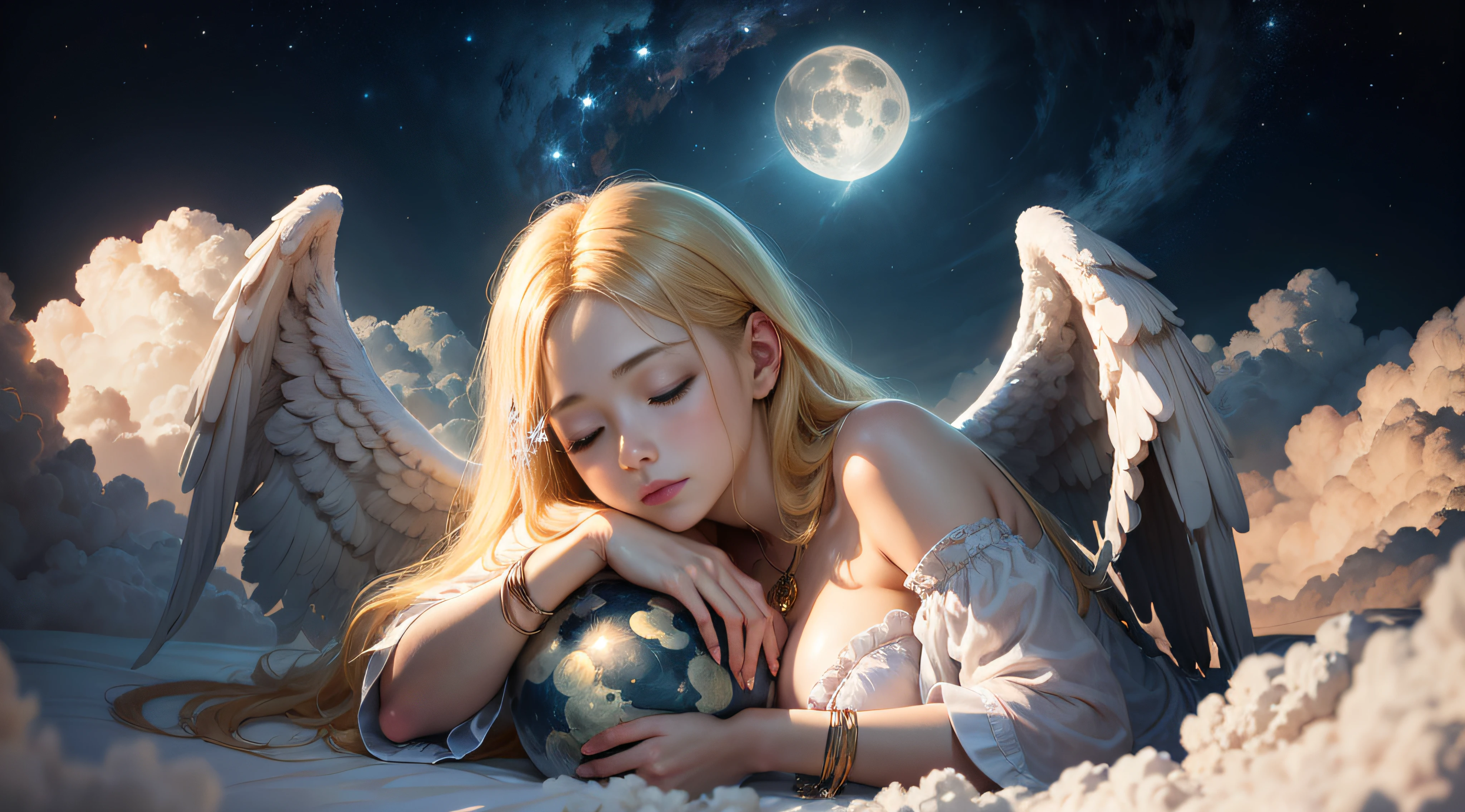 colourfull、on clouds、kosmos、Big Moon、realisitic、Angels Are Sleeping、Sleeping Angel、A radiant aura emanates from the angel、超A high resolution、a blond