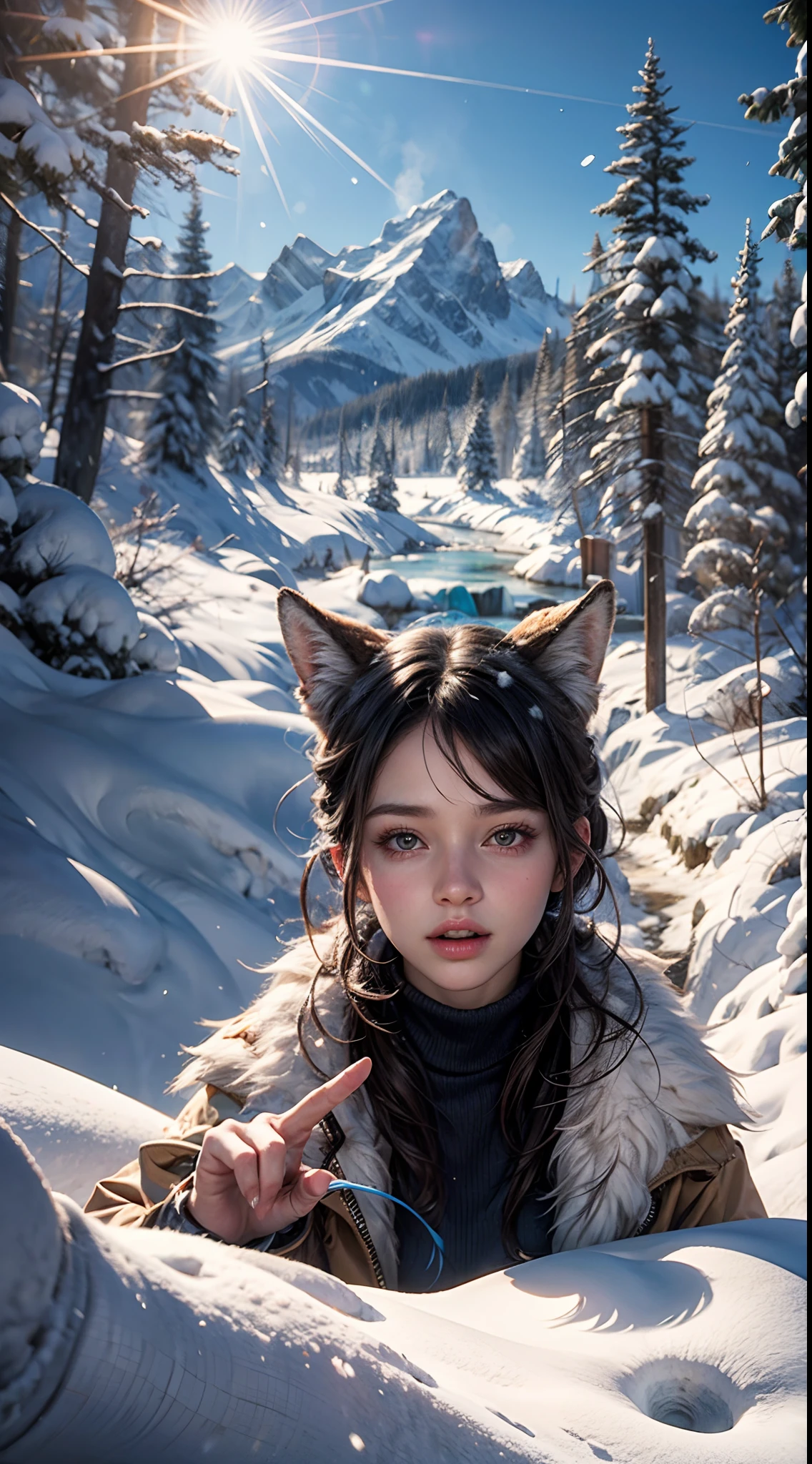 Snow Mountain, snowflakes, frozen waterfall, 1 girl playing with fluffy cute wolfs, beautiful weather, snow smoke, winds, 8K Masterpiece collection award winning artwork, AMD fidelityFX super resolution 3 rendered, ray tracing, UHD, detailed portrait.