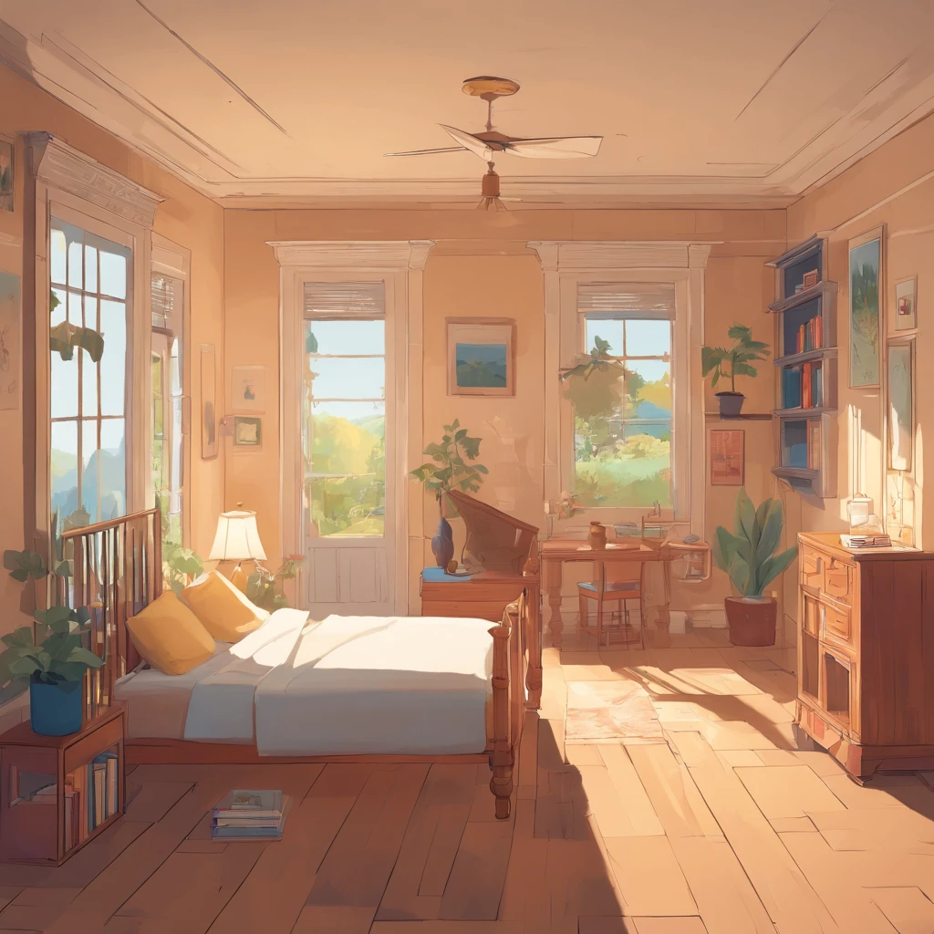 Inside (a light wood-colored bed with white sheets, yellow pillows and blue duvet), (a light wood-colored desk with a pencil, a notebook and a textbook), (a light wood-colored chair in front of the desk), There is a room with (a  sitting on a chair and studying at a desk), (a light wood-colored wardrobe with double doors, one of which is opened to reveal clothes hanging inside), a patterned carpet, a wall clock, a wall painting, (a bookcase with several books on its shelves), a full-length mirror. The room has the same dimensions in width, breadth or depth. The room has no roof or ceiling. The top of the room is open. The image is from outside the room and well above the ceiling, showing the room, the walls of the room and the garden outside the room, including the trees, the swing and the flowers, from an isometric perspective. This is a game screenshot. This image captures the furniture, home and lifestyle of 1900s America.