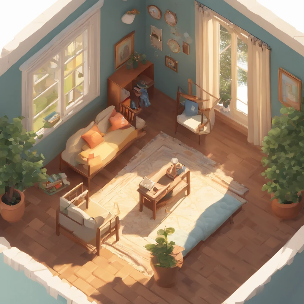 Inside (a light wood-colored bed with white sheets, yellow pillows and blue duvet), (a light wood-colored desk with a pencil, a notebook and a textbook), (a light wood-colored chair in front of the desk), There is a room with (a  sitting on a chair and studying at a desk), (a light wood-colored wardrobe with double doors, one of which is opened to reveal clothes hanging inside), a patterned carpet, a wall clock, a wall painting, (a bookcase with several books on its shelves), a full-length mirror. The room has the same dimensions in width, breadth or depth. The room has no roof or ceiling. The top of the room is open. The image is from outside the room and well above the ceiling, showing the room, the walls of the room and the garden outside the room, including the trees, the swing and the flowers, from an isometric perspective. This is a game screenshot. This image captures the furniture, home and lifestyle of 1900s America.