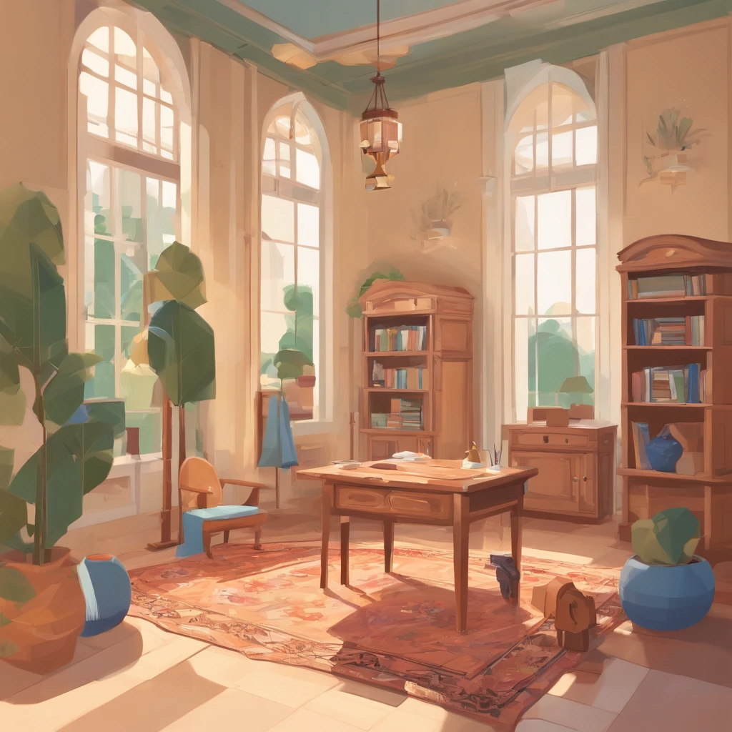 Inside (a light wood-colored bed with white sheets, yellow pillows and blue duvet), (a light wood-colored desk with a pencil, a notebook and a textbook), (a light wood-colored chair in front of the desk), There is a room with (a child sitting on a chair and studying at a desk), (a light wood-colored wardrobe with double doors, one of which is opened to reveal clothes hanging inside), a patterned carpet, a wall clock, a wall painting, (a bookcase with several books on its shelves), a full-length mirror. The room has the same dimensions in width, breadth or depth. The room has no roof or ceiling. The top of the room is open. The image is from outside the room and well above the ceiling, showing the room, the walls of the room and the garden outside the room, including the trees, the swing and the flowers, from an isometric perspective. This is a game screenshot. This image captures the furniture, home and lifestyle of 1900s America.