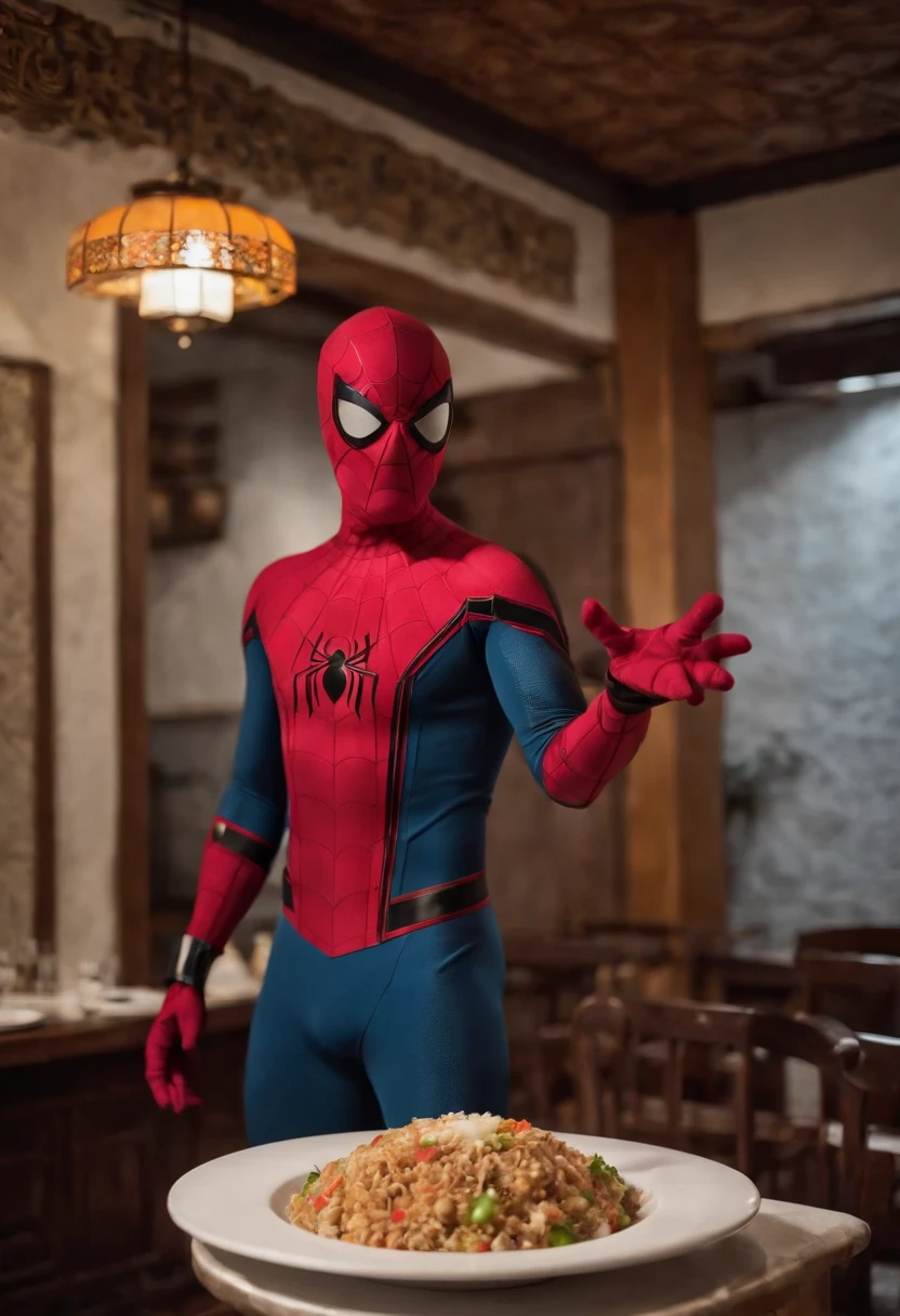 Cinematographer, ultra realista, Ropa detallada, Bellamente detallado, UHD, HDR, Altas Resoluciones, ultra detallado, Detalles intrincados, Efectos texturales, absurdos, obra maestra, 8k:1.2. En esta imagen, vemos a Spider-Man en un inusual descanso de sus actividades heroicas. He's standing in a chic Asian restaurant in his iconic costume............................. Spider-Man holds a bowl of Chinese fried rice mixed with oriental stir-fried noodles in his hands skillfully.., usando unos elegantes palillos chinos para llevar un bocado a su boca. The plate is full of fried rice, salteado. The restaurant is decorated with traditional Chinese elements, como linternas rojas colgando del techo y dragones dorados esculpidos en las paredes. The dim light of the lanterns creates a warm and welcoming atmosphere in the place.