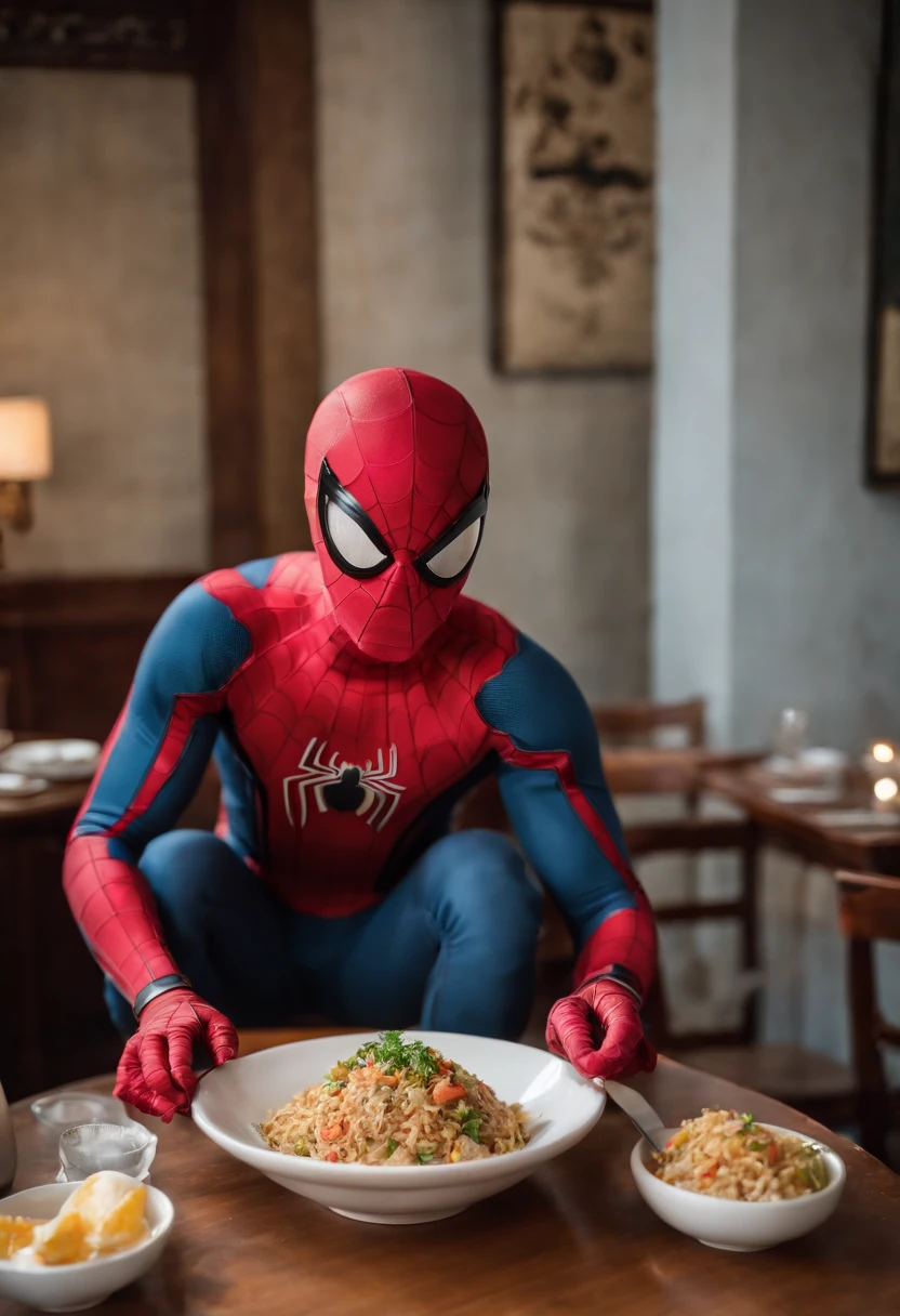 Cinematographer, ultra realista, Ropa detallada, Bellamente detallado, UHD, HDR, Altas Resoluciones, ultra detallado, Detalles intrincados, Efectos texturales, absurdos, obra maestra, 8k:1.2. En esta imagen, vemos a Spider-Man en un inusual descanso de sus actividades heroicas. He's standing in a chic Asian restaurant in his iconic costume............................. Spider-Man holds a bowl of Chinese fried rice mixed with oriental stir-fried noodles in his hands skillfully.., usando unos elegantes palillos chinos para llevar un bocado a su boca. The plate is full of fried rice, salteado. The restaurant is decorated with traditional Chinese elements, como linternas rojas colgando del techo y dragones dorados esculpidos en las paredes. The dim light of the lanterns creates a warm and welcoming atmosphere in the place.