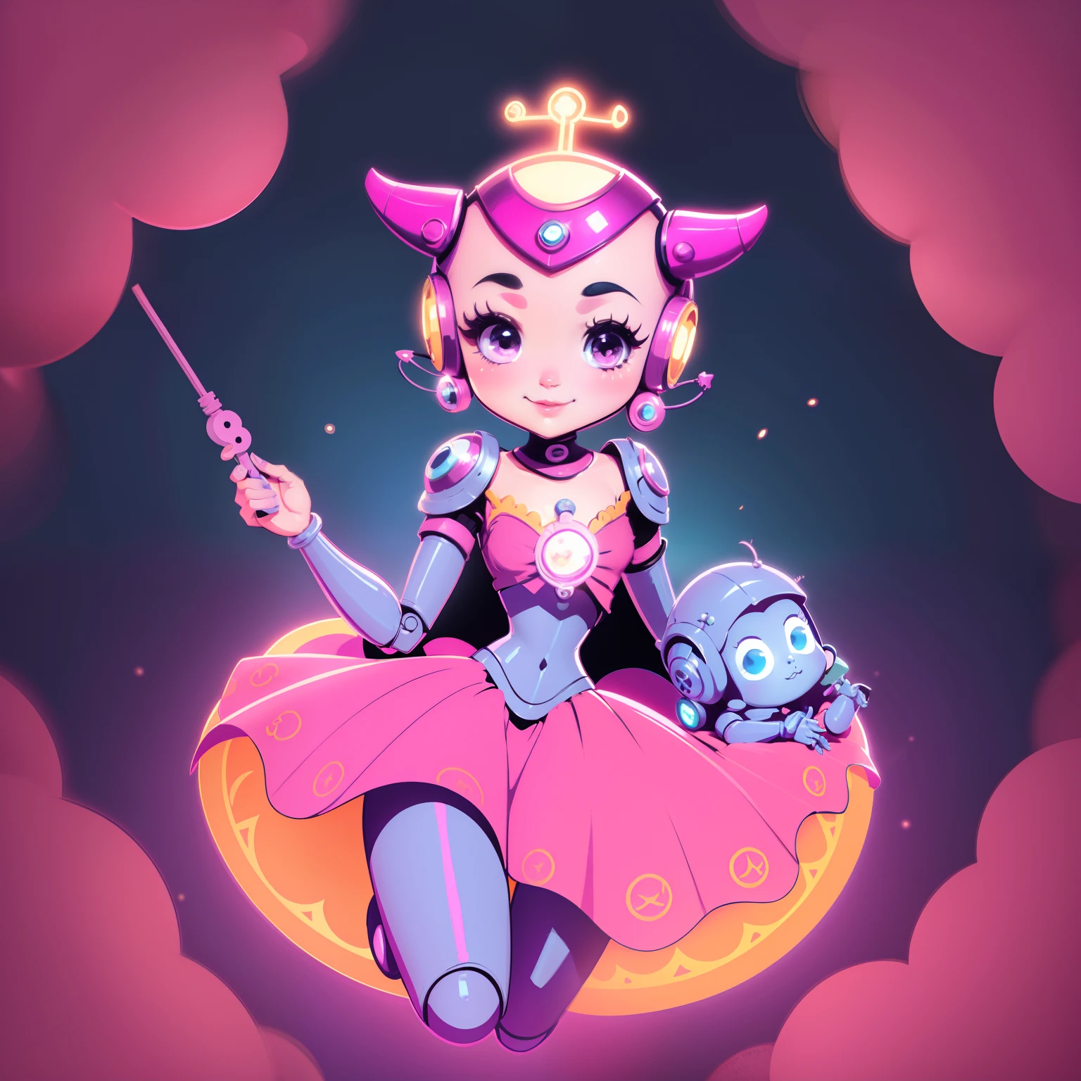 Cute baby girl guapa cibernetica. Muy intrincada. Cuerpo de robot color rosa pulido y brillante. Disney style