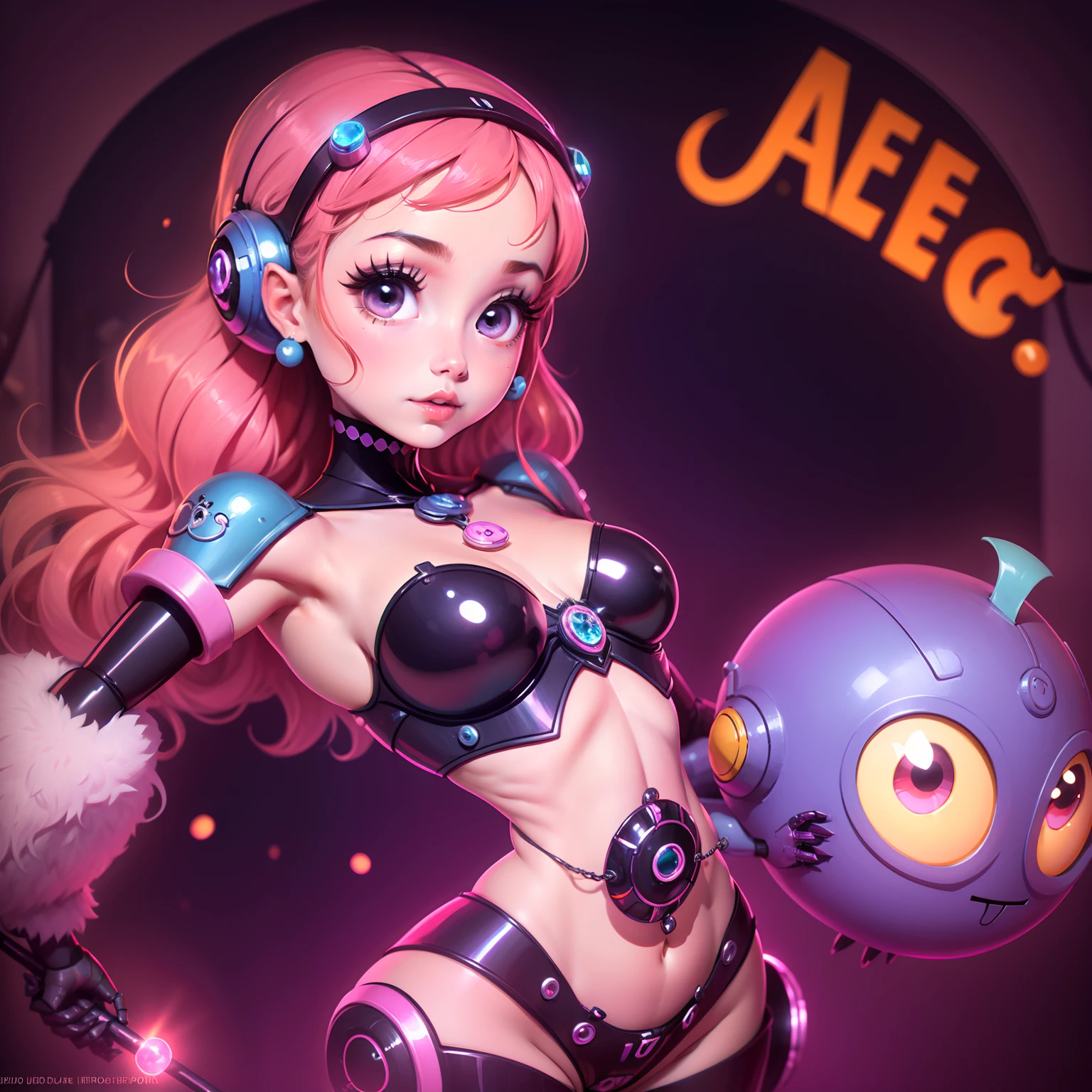 Cute baby girl guapa cibernetica. Muy intrincada. Cuerpo de robot color rosa pulido y brillante. Disney style
