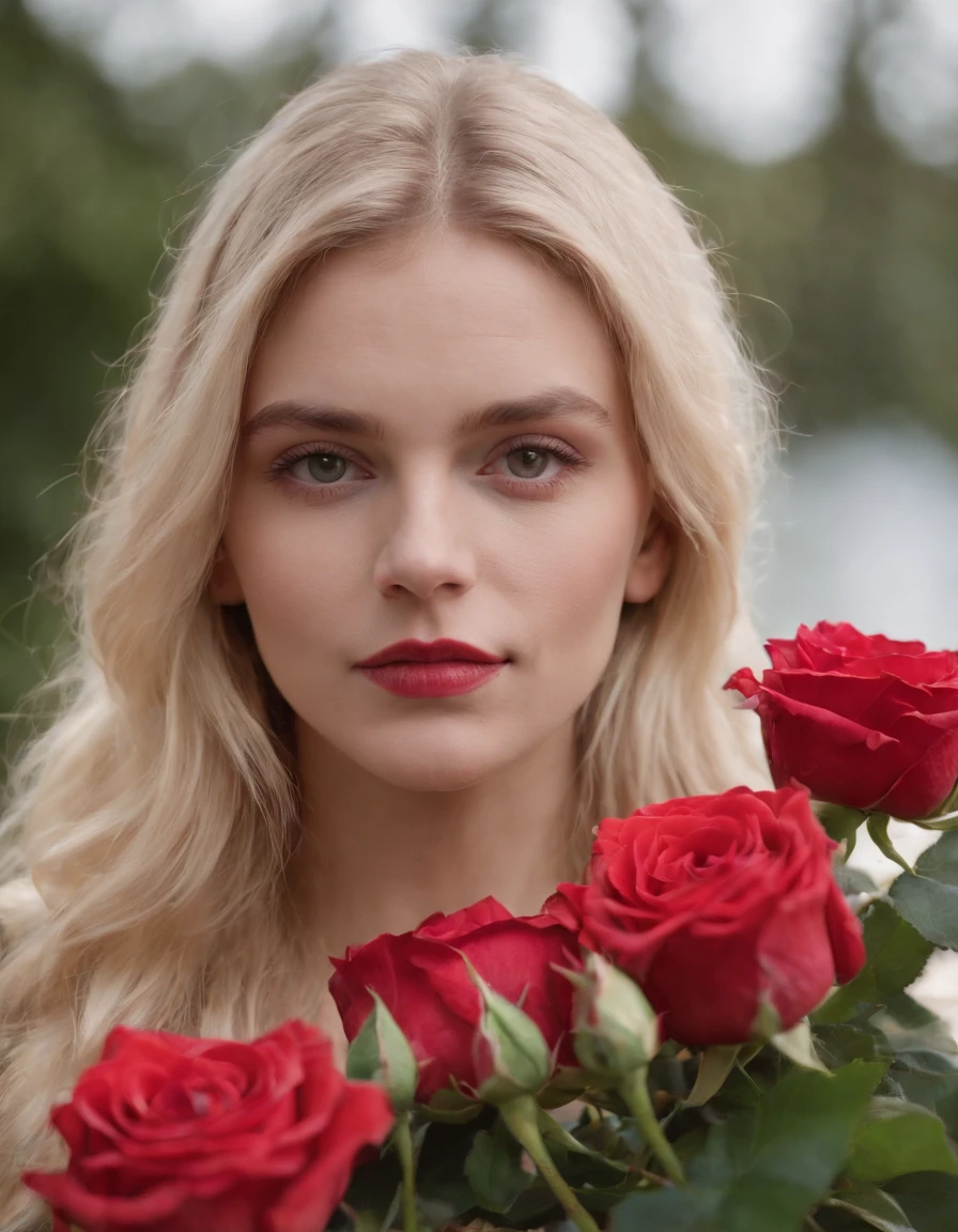 a young blonde woman peering at roses, in the style of queer academia, europunk, rodenstock imagon 300mm f/5.8, close-up, andrzej sykut, vivienne westwood, harmony with nature  --ar 133:201