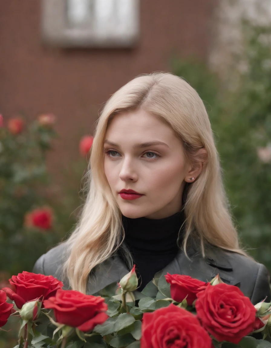 a young blonde woman peering at roses, in the style of queer academia, europunk, rodenstock imagon 300mm f/5.8, close-up, andrzej sykut, vivienne westwood, harmony with nature --ar 133:201