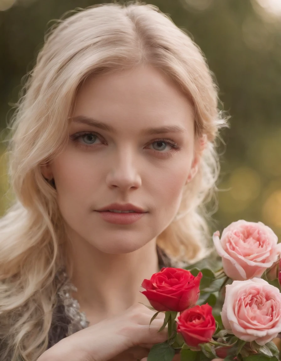 a young blonde woman peering at roses, in the style of queer academia, europunk, rodenstock imagon 300mm f/5.8, close-up, andrzej sykut, vivienne westwood, harmony with nature --ar 133:201