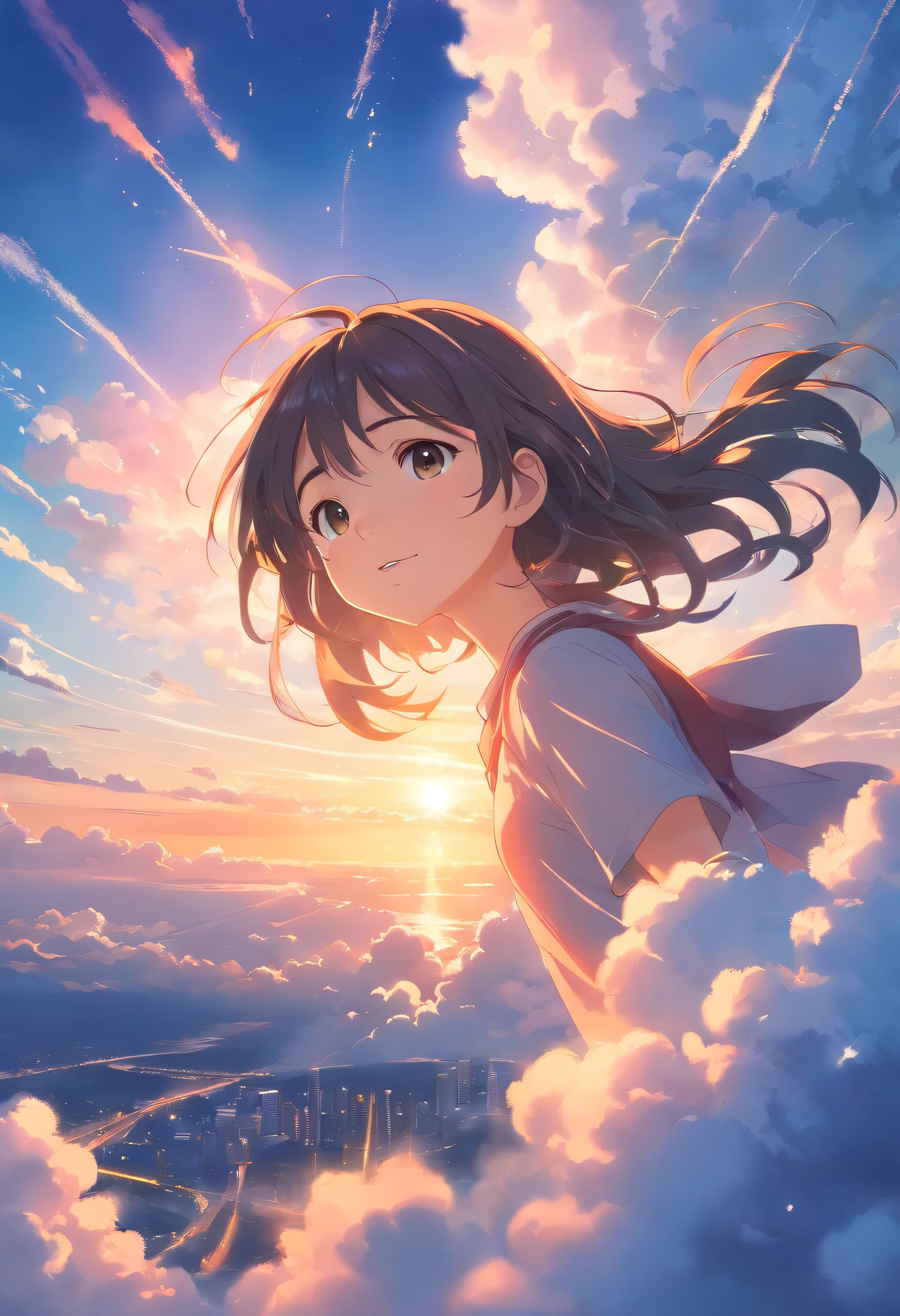 masterpiece, best quality, movie still, 1girl, cloud girl, floating in the sky, close-up, bright, happy, warm soft lighting, sunset, (sparks:0.7)