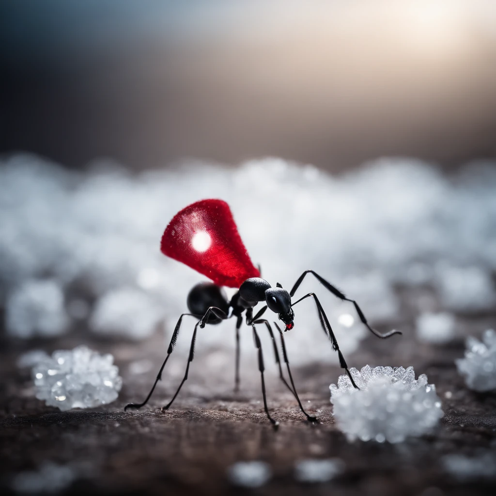 an ant with a Christmas hat stands on a piece of crystal snowflake