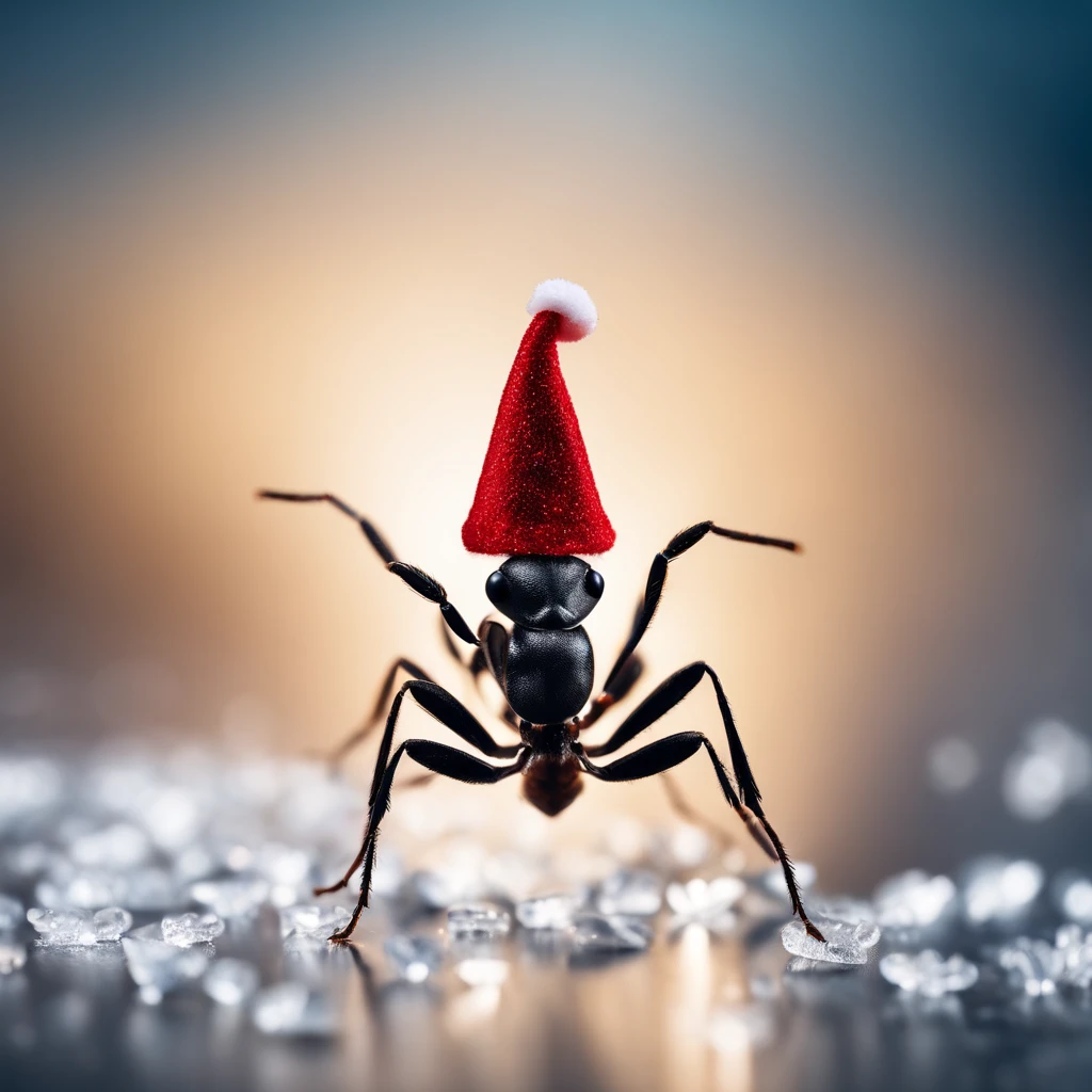 an ant with a Christmas hat stands on a piece of crystal snowflake