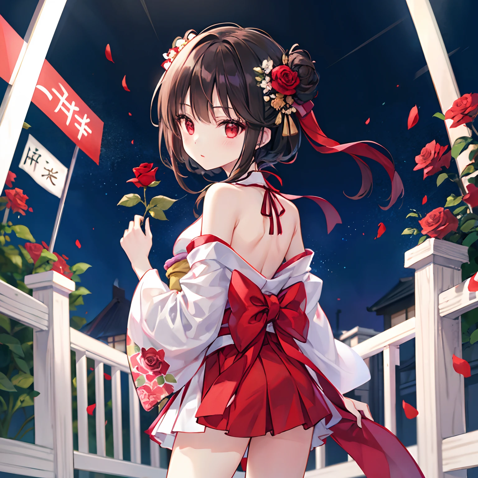 A dark-haired、red eyes、Beautiful girl alone、kimono、off shoulders、a miniskirt、Bright red rose garden、backs