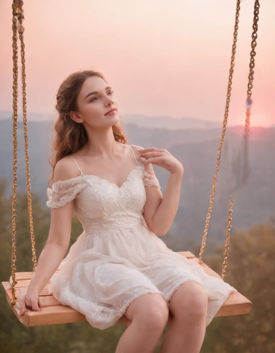 Stars in the blue sky, moon on the clouds, pink and gold style, dreamy symbolism, flickr, animated GIF, drawing dream, installation based, light silver and gold, an angelic girl sitting on a swing and smiling, beautiful, mysterious,(close-up)