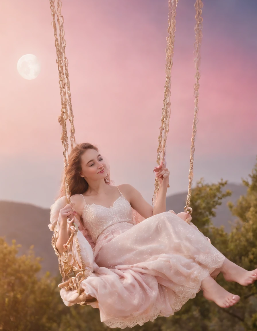 Stars in the blue sky, moon on the clouds, pink and gold style, dreamy symbolism, flickr, animated GIF, drawing dream, installation based, light silver and gold, an angelic girl sitting on a swing and smiling, beautiful, mysterious,(close-up)