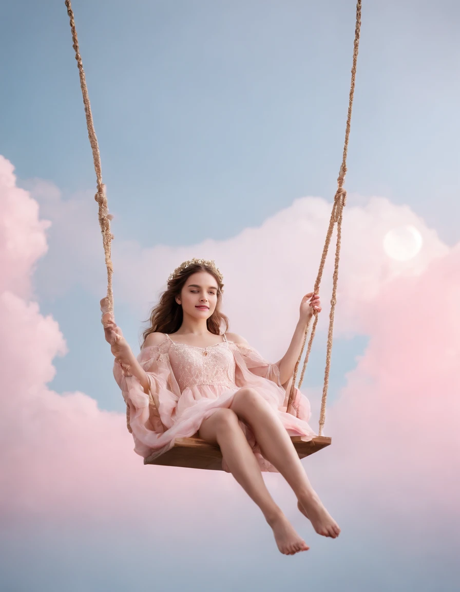 Stars in the blue sky, moon on the clouds, pink and gold style, dreamy symbolism, flickr, animated GIF, drawing dream, installation based, light silver and gold, an angelic girl sitting on a swing and smiling, beautiful, mysterious,(close-up)