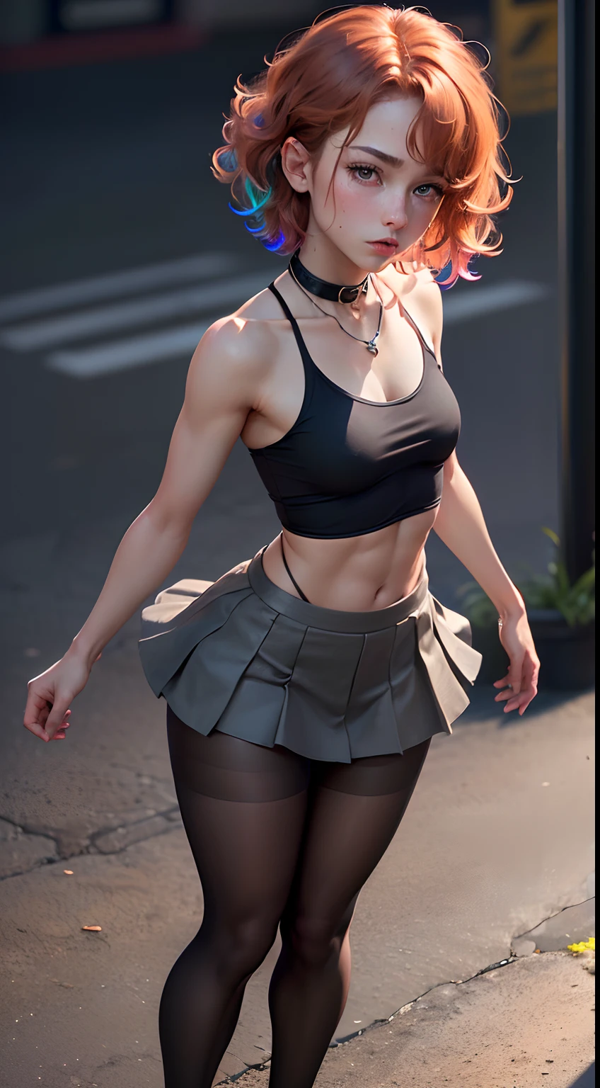 Show entire body, feet in view, aerial view, ((medium breast, tomboy girls, small head)), (chiseled abs : 1.1), (perfect body : 1.1), (short wavy hair : 1.2) , auburn hair, collar, chain, full body shot, crowded street, wearing black tanktop, super shor skirt, pantyhose, (extremely detailed CG 8k wallpaper), (an extremely delicate and beautiful), (), (masterpiece), (best quality:1.0), (ultra highres:1.0), beautiful lighting ,perfect lightning, realistic shadows, [highres], detailed skin, ultra-detailed (((colorful)))