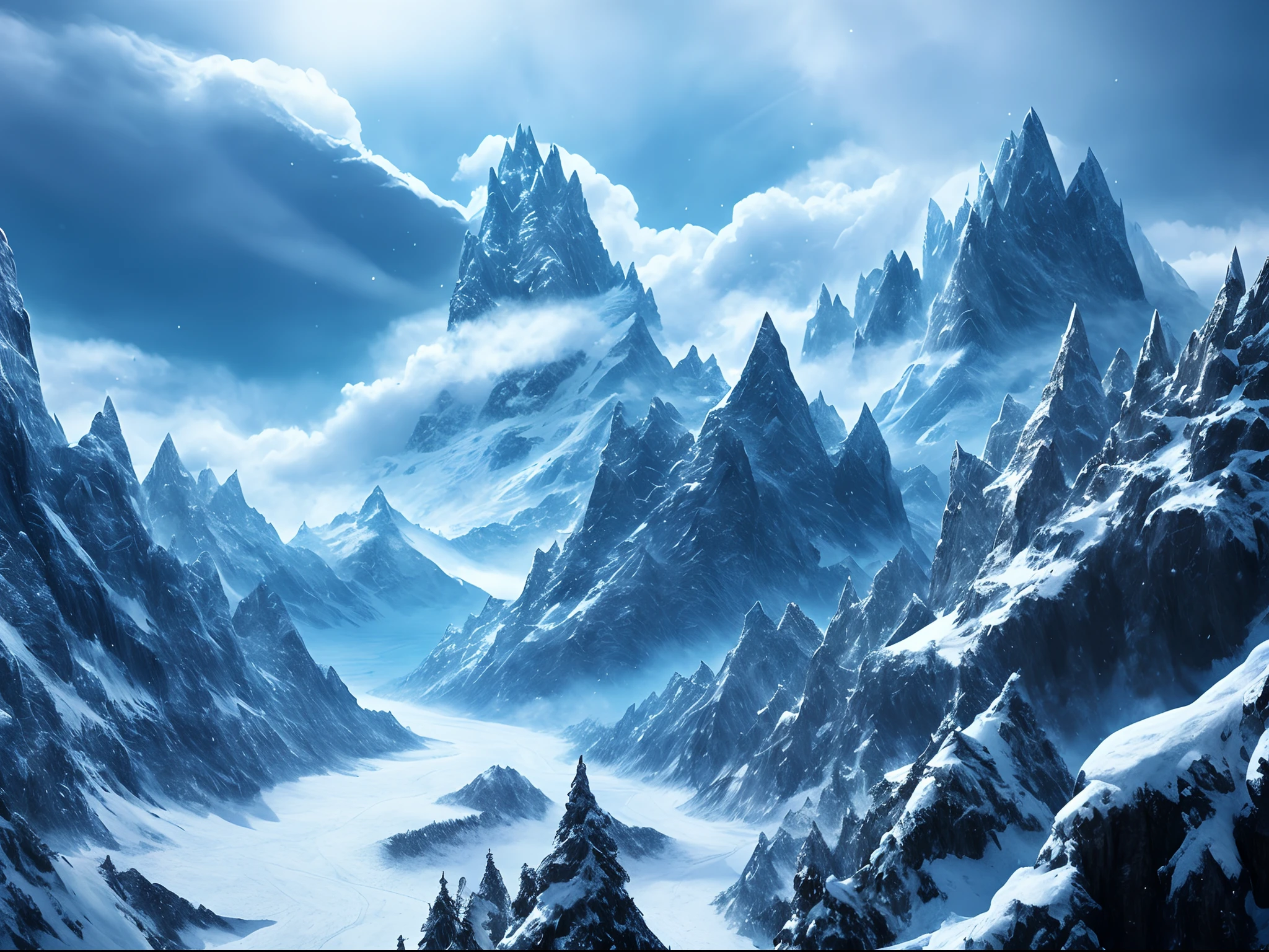 The artwork features a massive mountain and dragon surrounded by intricate details of forests, vegetation and rivers. Mountain top with ice and snow like spike piercing the sky, blizzard This is a high-quality, 8K resolution digital art masterpiece, which creates a beautiful movie background with a magical atmosphere through unique lighting effects. The sky is decorated with snow and stars, while dragons shaped cloud above. The work belongs to the ice punk style, with dragons and mountains as the theme, creating a cold winter visual style.