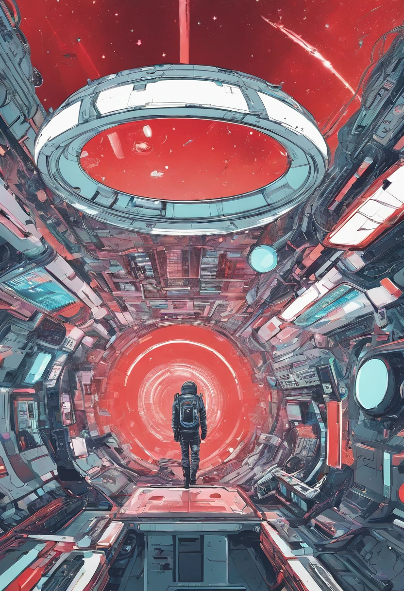 Space capsule，looki at viewer，Realiy，A man in a black tight leather jacket，Wearing a futuristic helmet，cowboy lens，（fish eye），Cramped and dirty room，clothes details，Japan's old red light district，（（（）），（（natta）），