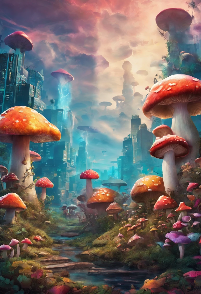 army of colorful mushrooms, invade a city, hallucination, bioluminescence