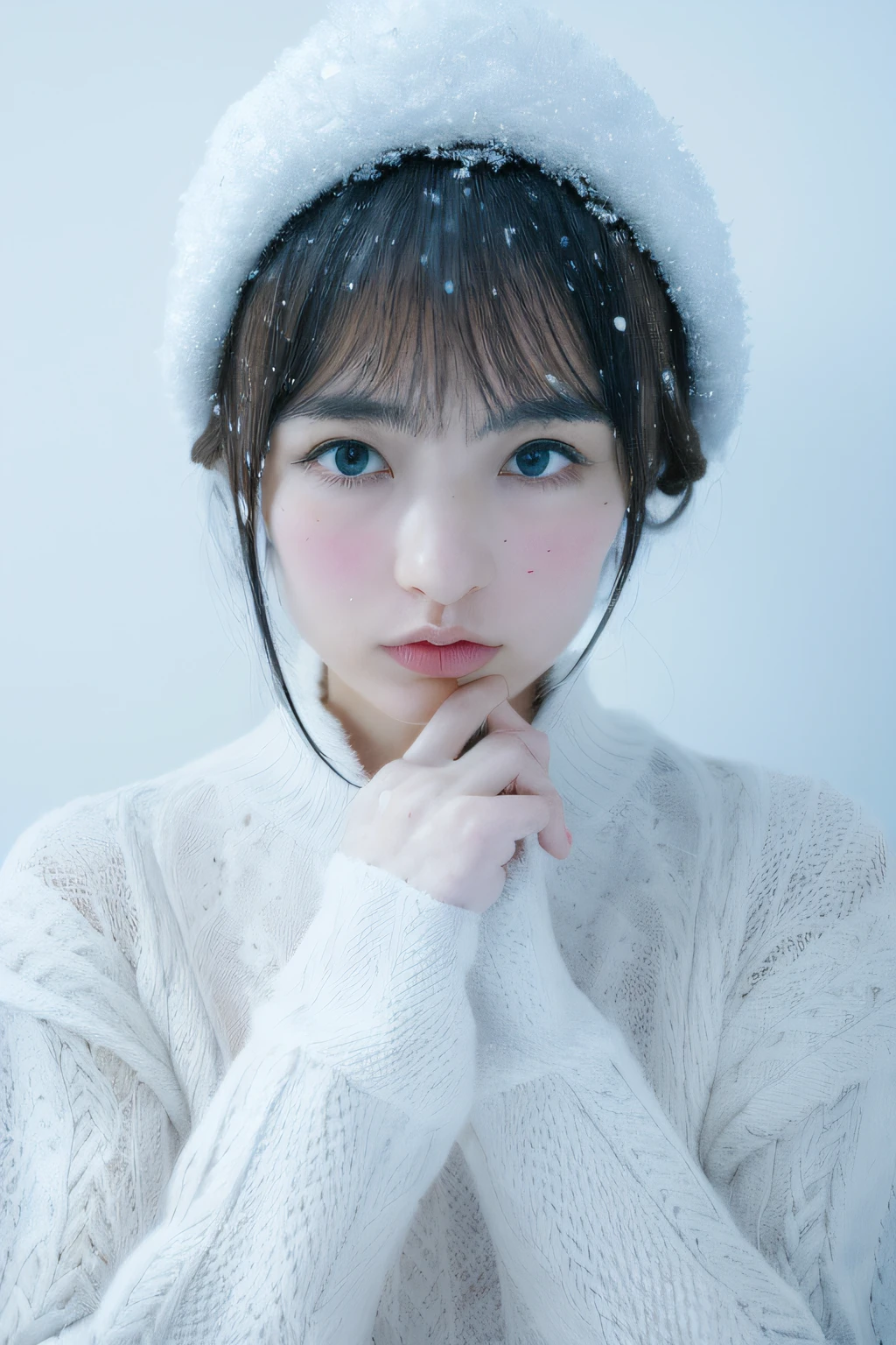 (8k, best quality, masterpiece, ultra highres:1.2) Photo of Pretty Japanese woman
 in the (style of paul rubens and rebecca guay:1.1) (melancholy winter snow:1.4)