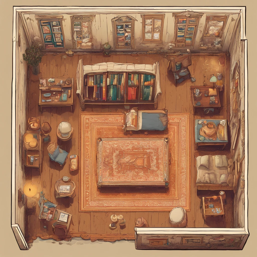 Inside (a light wood-colored bed with white sheets, yellow pillows and blue duvet), (a light wood-colored desk with a pencil, a notebook and a textbook), (a light wood-colored chair in front of the desk), There is a room with (a child sitting on a chair and studying at a desk), (a light wood-colored wardrobe with double doors, one of which is opened to reveal clothes hanging inside), a patterned carpet, a wall clock, a wall painting, (a bookcase with several books on its shelves), a full-length mirror. The room has the same dimensions in width, breadth or depth. The room has no roof or ceiling. The top of the room is open. The image is from outside the room and well above the ceiling, showing the room, the walls of the room and the garden outside the room, including the trees, the swing and the flowers, from an isometric perspective. This is a game screenshot. This image captures the furniture, home and lifestyle of 1900s America.