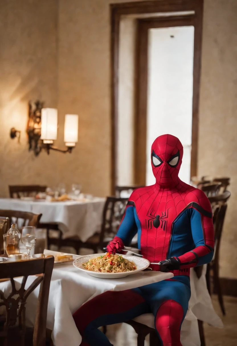 Cinematographer, ultra realista, Ropa detallada, Bellamente detallado, UHD, HDR, Altas Resoluciones, ultra detallado, Detalles intrincados, Efectos texturales, absurdos, obra maestra, 8k:1.2. En esta imagen, vemos a Spider-Man en un inusual descanso de sus actividades heroicas. He's standing in a chic Asian restaurant in his iconic costume........................ Spider-Man holds a bowl of Chinese fried rice mixed with oriental stir-fried noodles in his hands skillfully.., usando unos elegantes palillos chinos para llevar un bocado a su boca. The plate is full of fried rice, salteado. The restaurant is decorated with traditional Chinese elements, como linternas rojas colgando del techo y dragones dorados esculpidos en las paredes. The dim light of the lanterns creates a warm and welcoming atmosphere in the place.