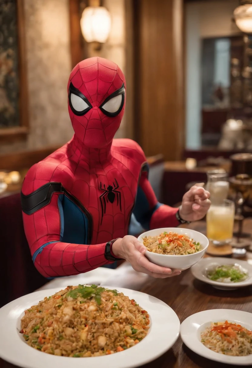 Cinematographer, ultra realista, Ropa detallada, Bellamente detallado, UHD, HDR, Altas Resoluciones, ultra detallado, Detalles intrincados, Efectos texturales, absurdos, obra maestra, 8k:1.2. En esta imagen, vemos a Spider-Man en un inusual descanso de sus actividades heroicas. He's standing in a chic Asian restaurant in his iconic costume........................ Spider-Man holds a bowl of Chinese fried rice mixed with oriental stir-fried noodles in his hands skillfully.., usando unos elegantes palillos chinos para llevar un bocado a su boca. The plate is full of fried rice, salteado. The restaurant is decorated with traditional Chinese elements, como linternas rojas colgando del techo y dragones dorados esculpidos en las paredes. The dim light of the lanterns creates a warm and welcoming atmosphere in the place.