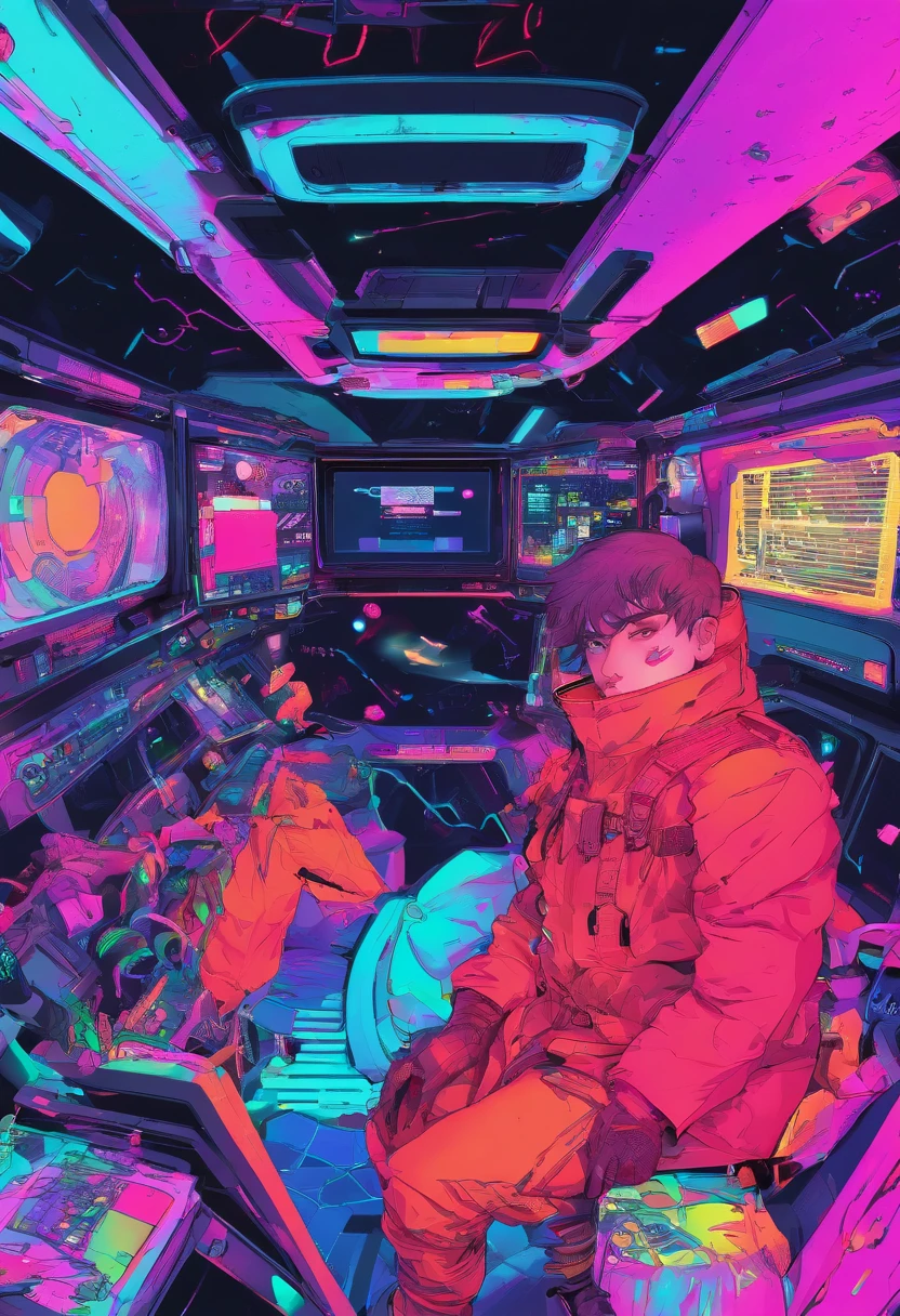 Space capsule,looki at viewer,Realiy,A man in a black tight leather jacket,Wearing a futuristic helmet,cowboy lens,(fish eye),Cramped and dirty room,clothes details,Japan's old red light district,((()),((natta)),
