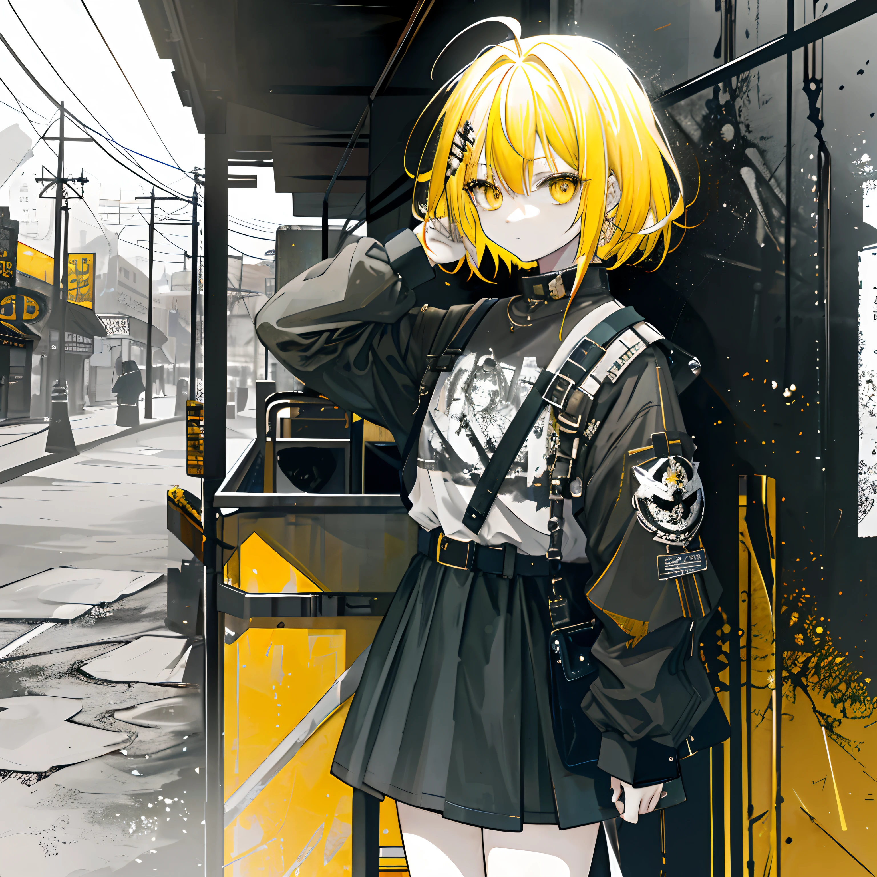 masterpiece、top-quality、「Against the backdrop of collapsed cities and amusement parks、Girl with yellow hair and yellow eyes、Dressed in rough yellow and black clothes、Wear military fashion、Create images with a grunge-inspired atmosphere。Use gray as a secondary color、Add dirty textures and wall cracks、Sharpen imperfect shapes, Irregular lines and grunge。」