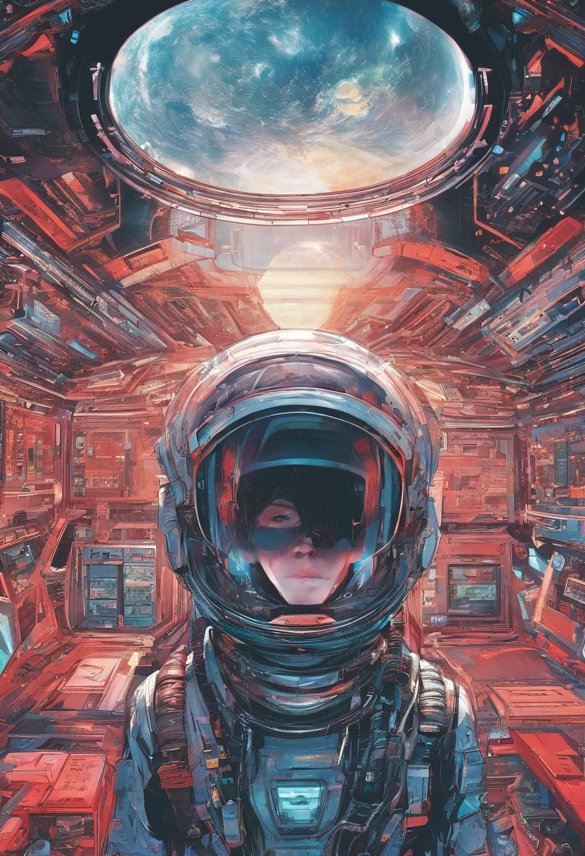 Space capsule,looki at viewer,Realiy,A man in a black tight leather jacket,Wearing a futuristic helmet,cowboy lens,(fish eye),Cramped and dirty room,clothes details,Japan's old red light district,((()),((natta)),